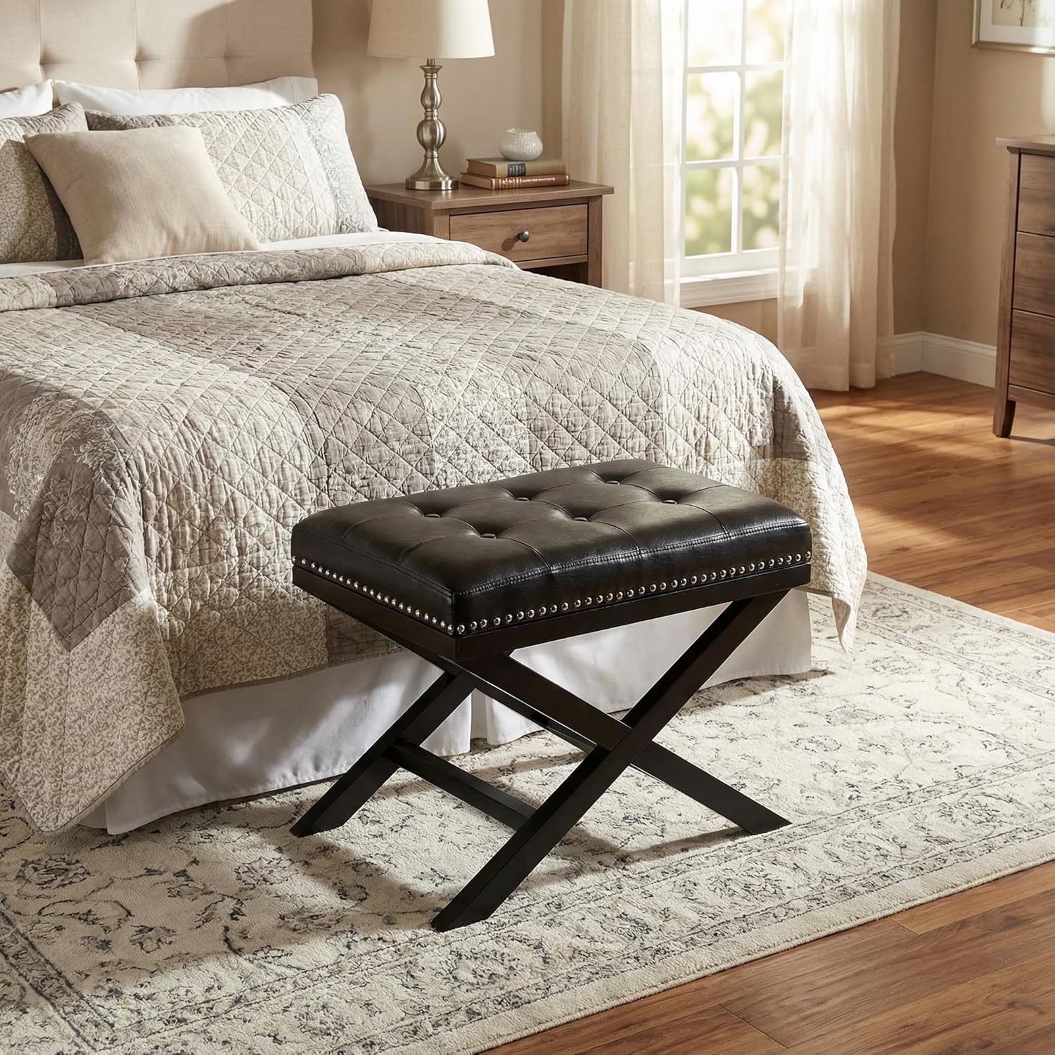 Cortesi Home Kayla Traditional "X" Bench Vinyl Ottoman with Nailhead Trim Finish, Black