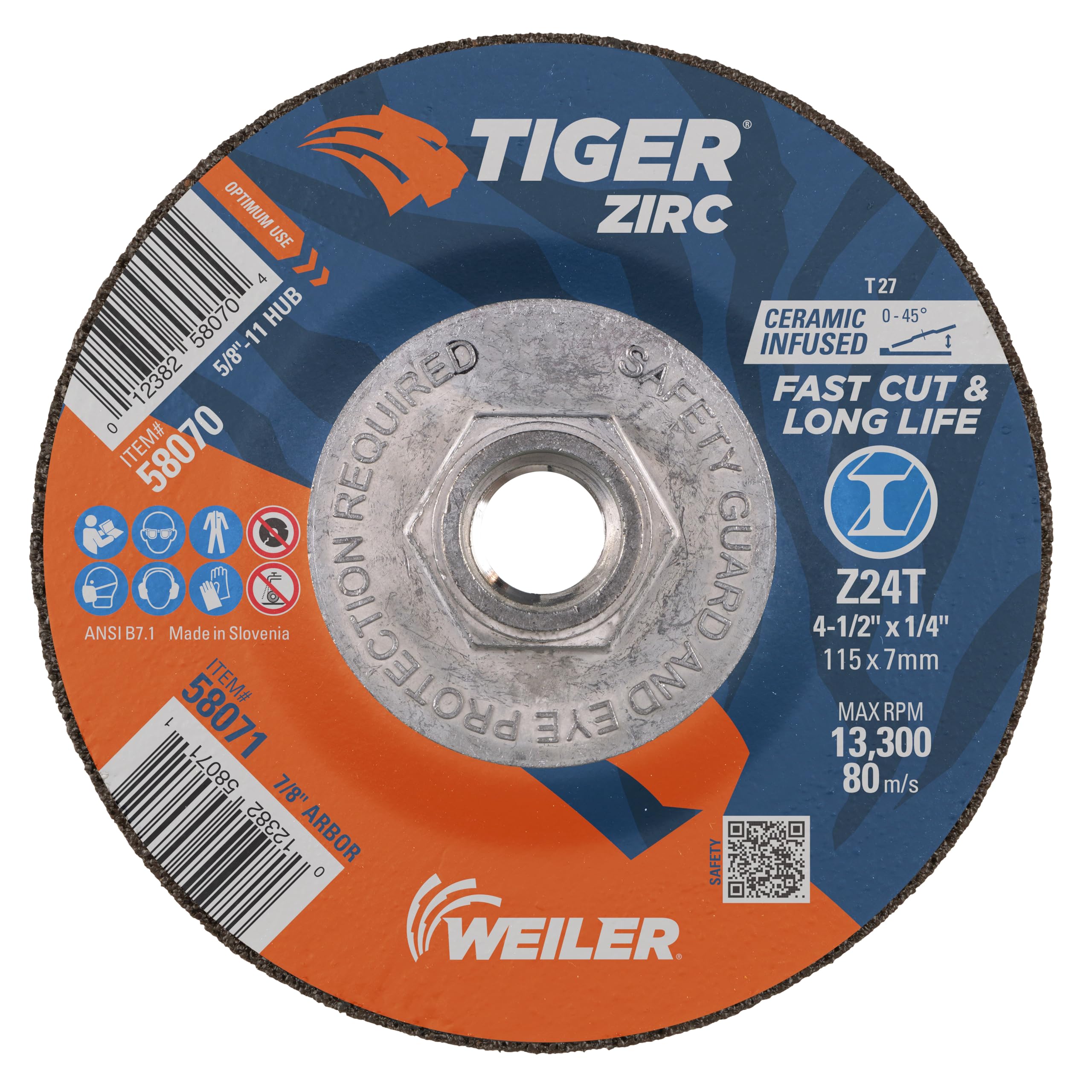 Weiler 58070 4-1/2" x 1/4" Tiger Zirc Tipo 27 Mola per smerigliatura, Z24T, 5/8"-11" UNC dado (confezione da 10)