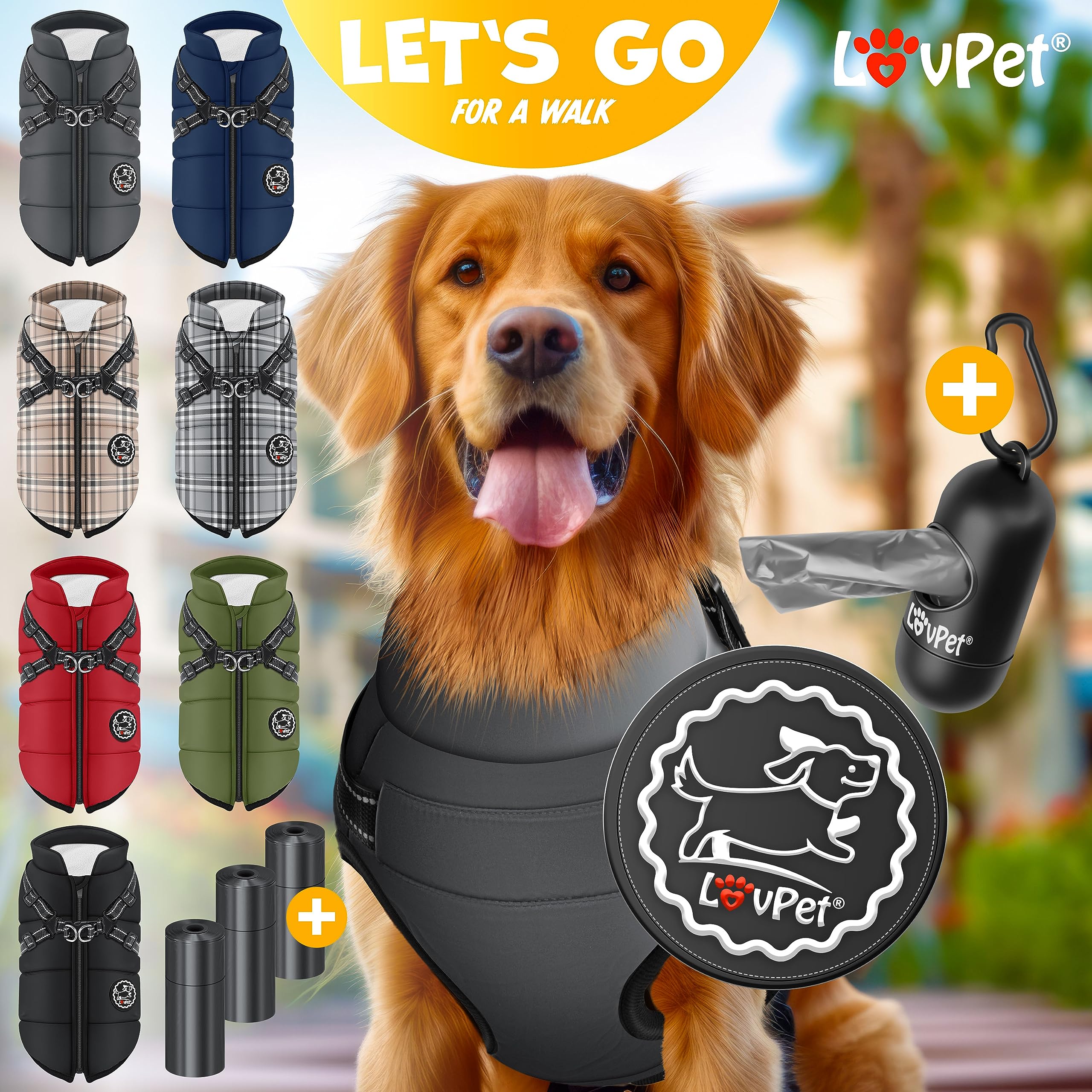 LOVPET® Hundejacke Hundemantel mit Geschirr, inkl. 45 Stück Kotbeutel + Spender, Hunde Winterweste gefüttert wasserdicht, Gepolsterte Weste Mit Brustgurt, Reflektoren, D-Ring 5XL, Anthrazit
