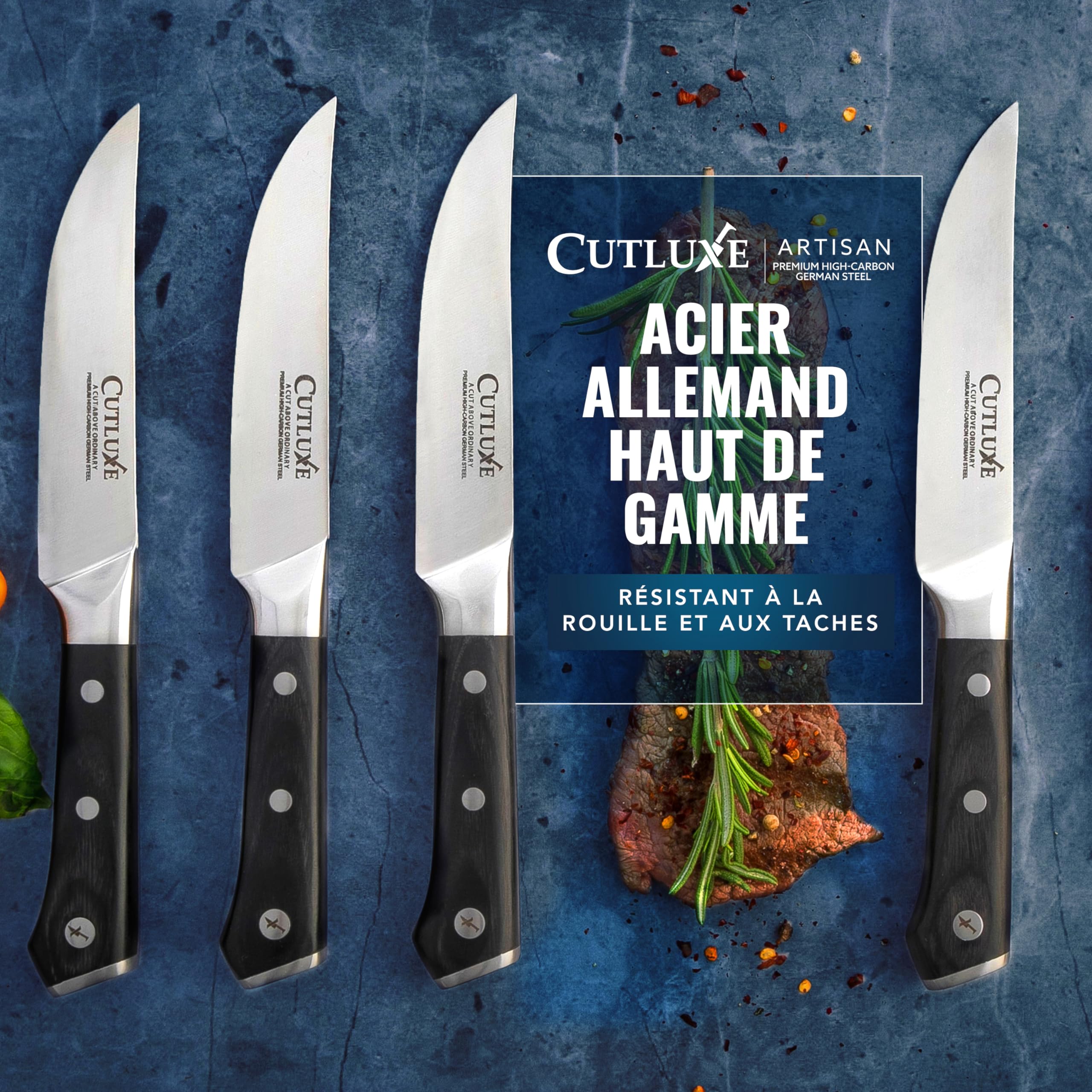 Cutluxe Couteaux à Steak 4 Pièces – Bord Uni, Couverts de Table | Lame effilée en acier allemand, manche ergonomique antidérapant; parfait pour viande grillée et repas; garantie à vie