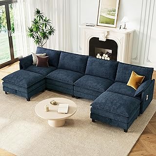 140" U-Shaped Modern Modular Sectional Sofa, Oversized Chenille Cloud Couch with Storage Ottoman, Deep Seat Couches with Side Pocket for Living Room, Bedroom and Apartment, Navy Blue