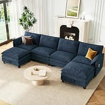 140" U-Shaped Modern Modular Sectional Sofa, Oversized Chenille Cloud Couch with Storage Ottoman, Deep Seat Couches with Side Pocket for Living Room, Bedroom and Apartment, Navy Blue