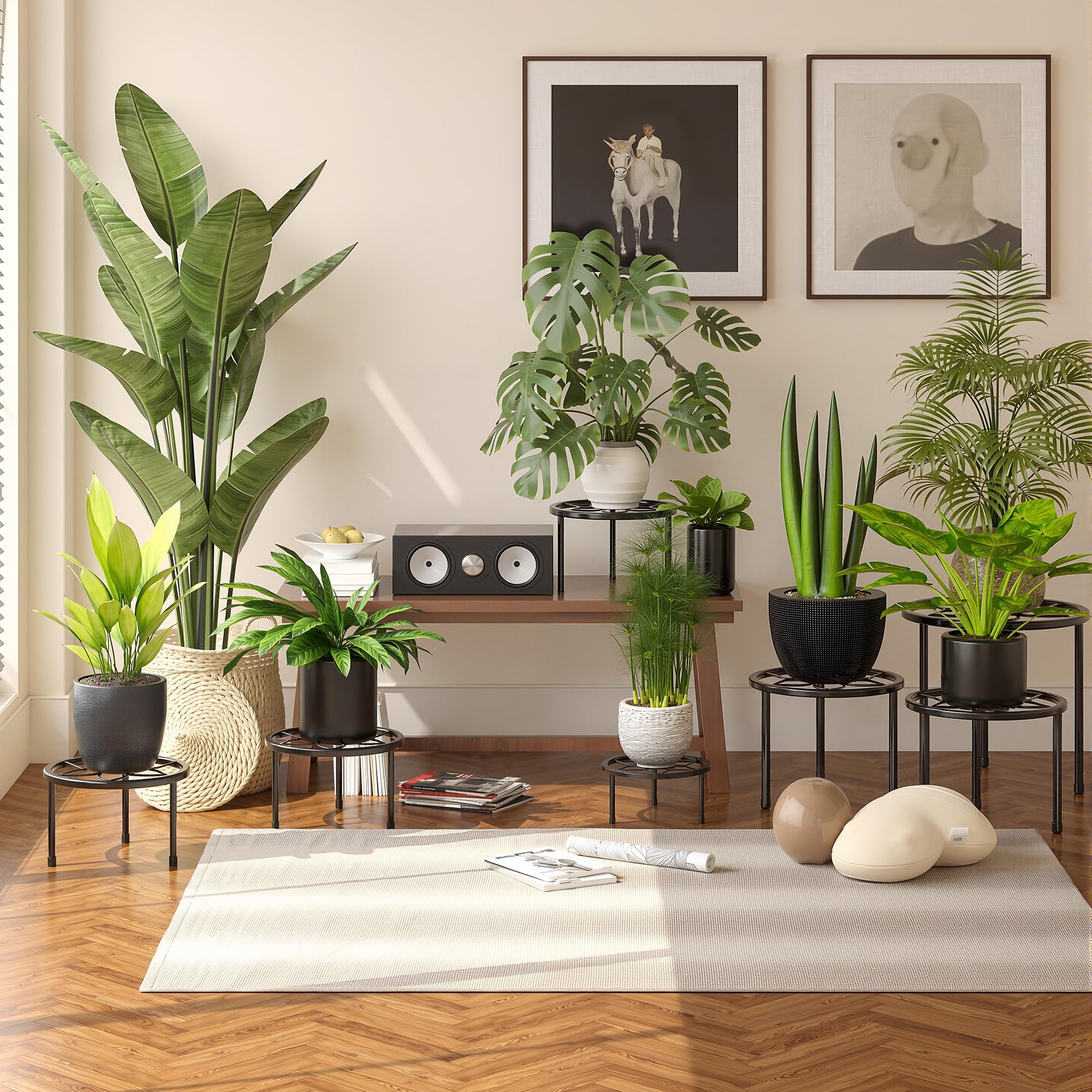 VECELO 5er-Pack Pflanzenständer aus Metall für Zimmerpflanzen, mehrere robuste Blumentopfständer/runder Pflanzenhalter für Outdoor-Pflanzgefäß, Wohnzimmer, Balkon Dekor, schwarz