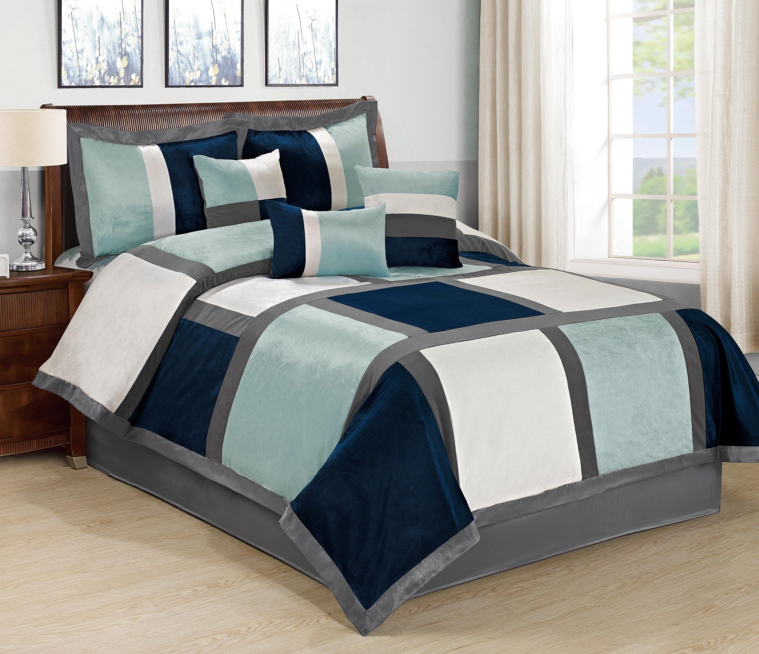 HIG 7 Piece Comforter Set King-Blue Series Plush Patchwork-Brandy Bed in A Bag King Size-Super Soft -1 Comforter,2 Shams,3 Decorative Pillows,1 Bedskirt