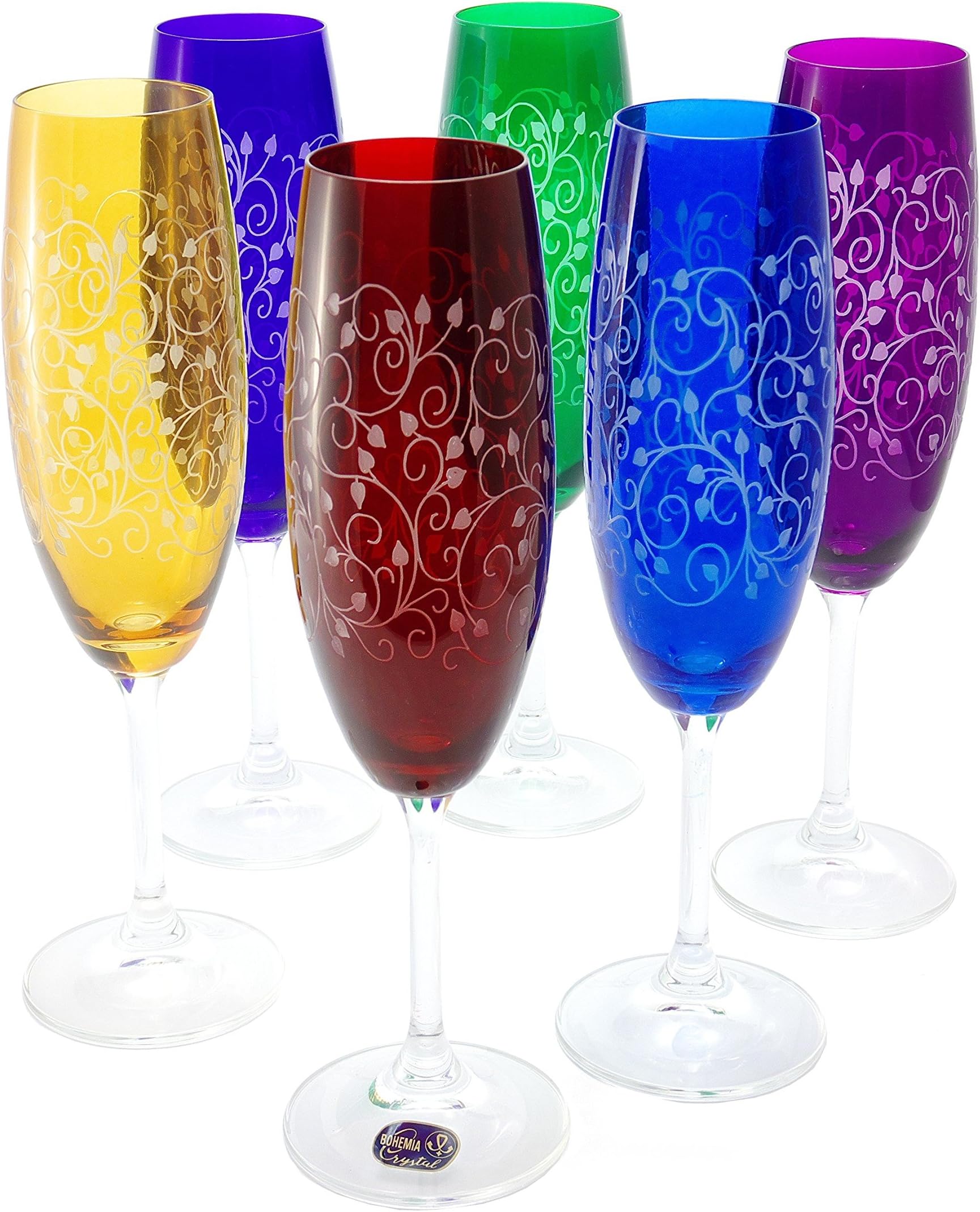 Bohemian lead-free crystal glass, engraved champagne flutes, clear stems, colored goblets - red blue yellow light blue green and purple, set of 6, 220 ml