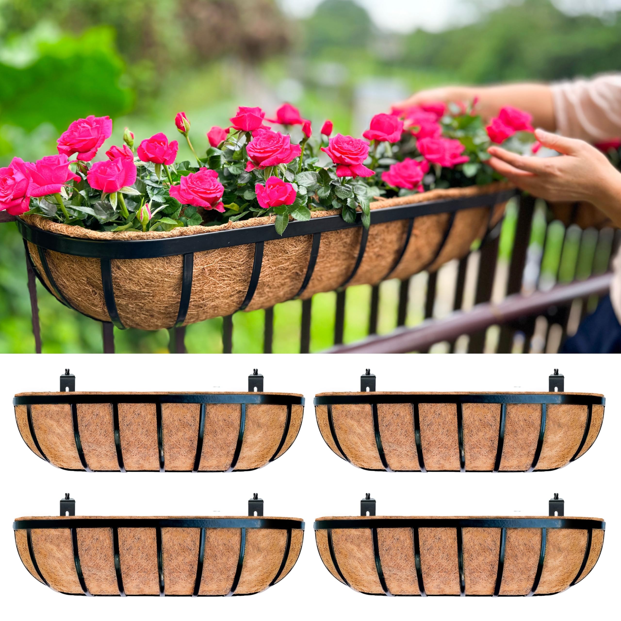LaLaGreen Railing Planter Box (24 Inch, 4 Pack) Black Metal Rectangular Hanging Planters with Coco Liner, Flower Boxes Brackets for Deck Railings Outdoor Plants Over Rail Fence Balcony Patio Porch