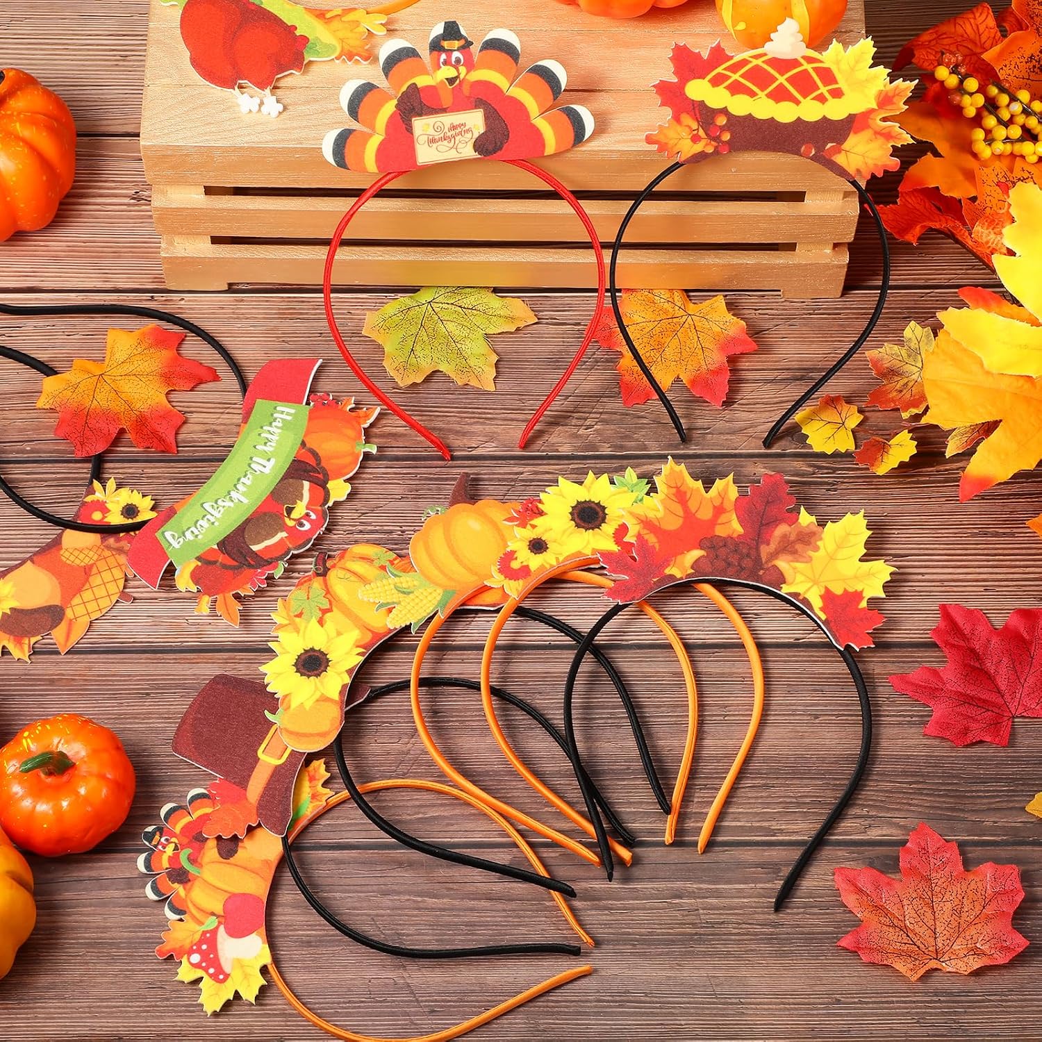 Riceshoot 24 Pcs Thanksgiving Headband Turkey Happy Thanksgiving Party Headwear Felt Pumpkin Maple Leaf Hair Accessories