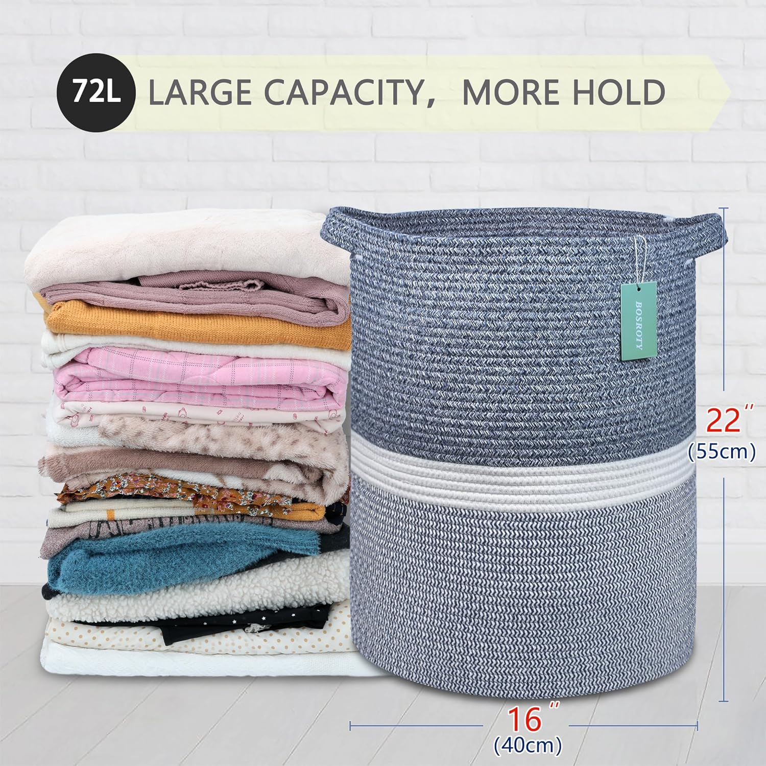 Large Blanket Basket, Nursery Hamper, Tall Laundry Basket 72L, Cotton Rope Woven Laundry Hamper for Storage Toys Clothes Towels, 16”x 22”, Blend Navy Blue & White - Image 3