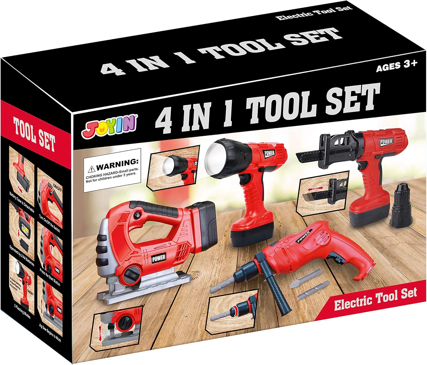 JOYIN 4-in-1 Realistic Construction Tool Toy Electric Tool Playset Construction Pretend Play STEM Tool Toy Kit with Working Functions Including Flashlight, Saw Tools and Electric Drill : Toys & Games