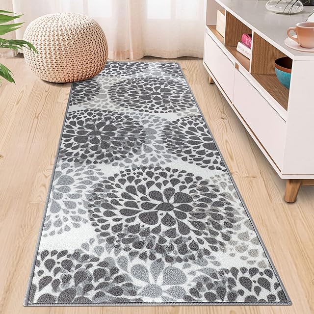 Homcomodar Floor Carpet Runner 65x180cm Non Slip Rubber Backing Area Rug Washable Runner Rug for Hallways Non Shedding Kitchen Rug Runner for Entryway Kitchen Floor Bedroom Laundry Room(Grey)