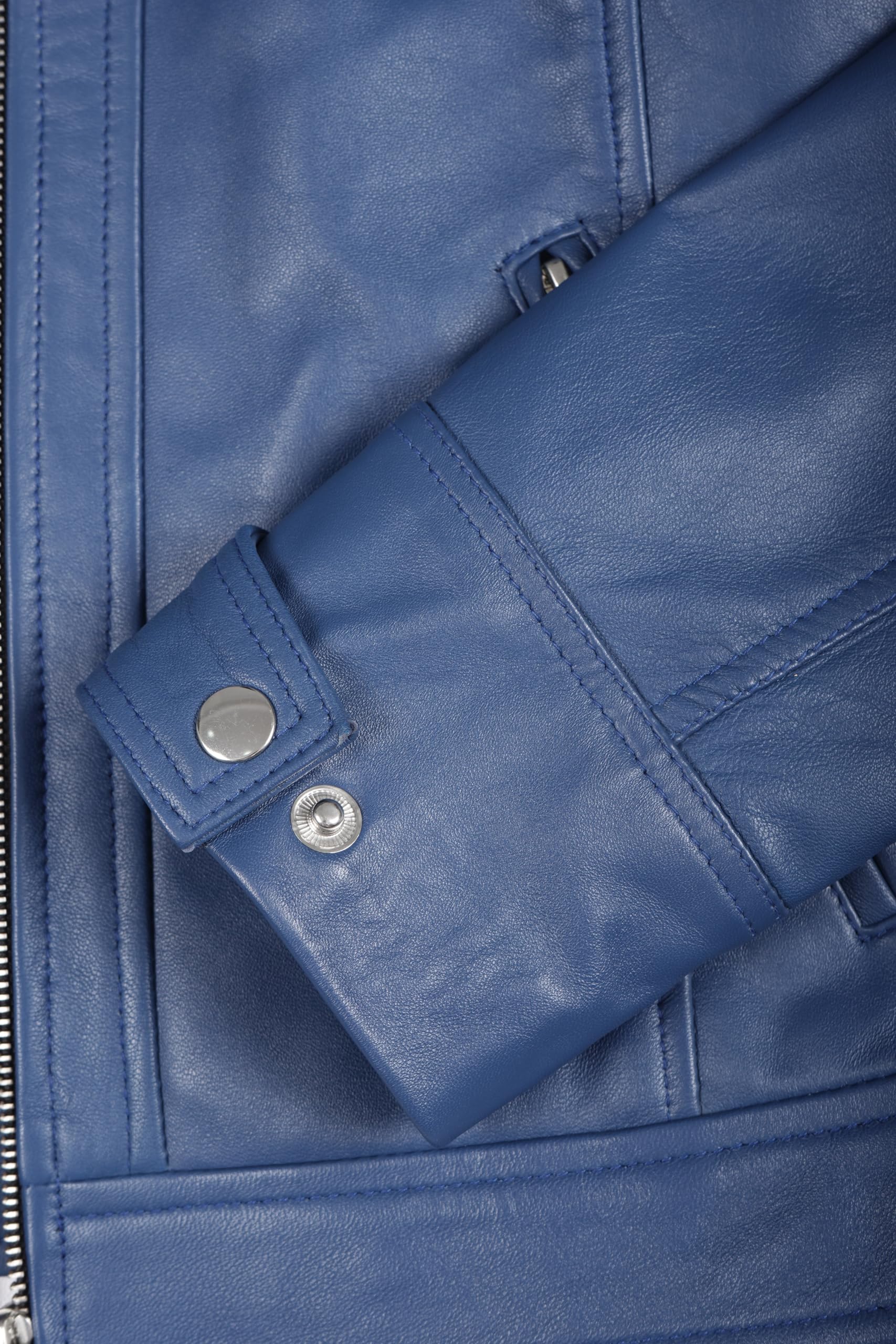 fjackets Damen Lederjacke - Echtes Lammfell Cafe Racer Moto Biker Steppjacke Reißverschluss Jacke für Frauen, Blau, Medium