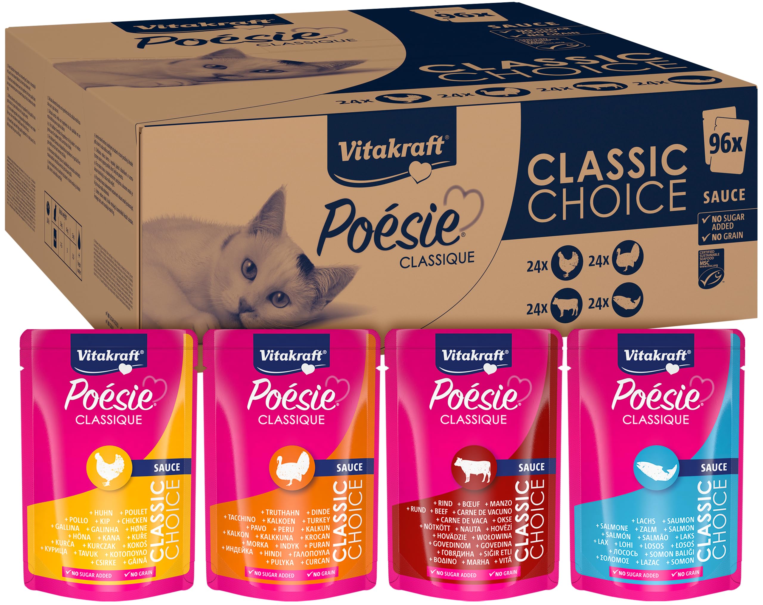 Vitakraft Poésie Classique, pack format, wet cat food, in sauce, with chicken, with turkey, with veal, with salmon, without added sugar or cereals (1 pack of 96 x 85 g)