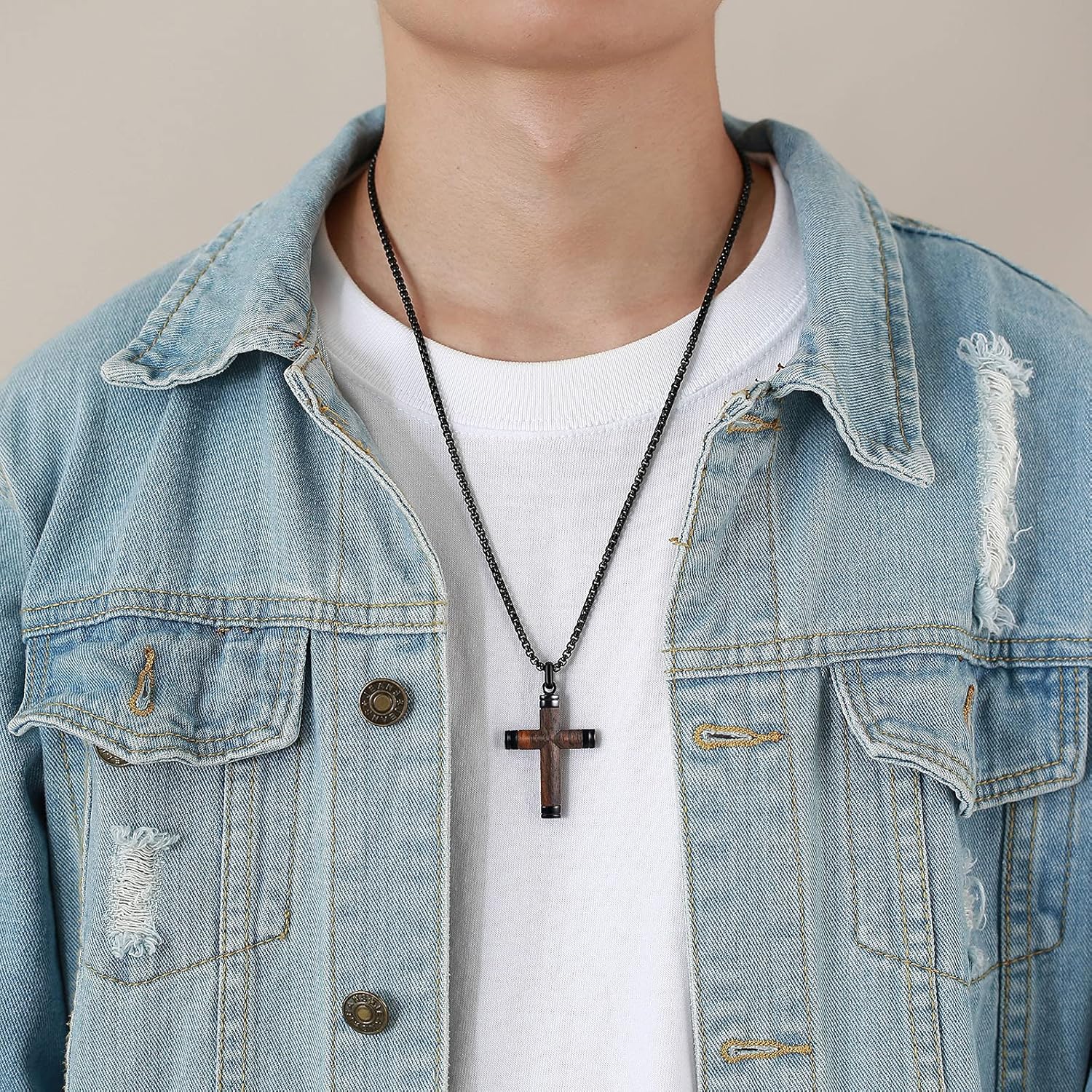 Wood Cross Pendant for Men, Ebony Wooden Cross Necklace Titanium Steel Crucifix Pendant Necklaces Luxury for Mature Men Handmade Jewelry Gift Christmas - Image 3