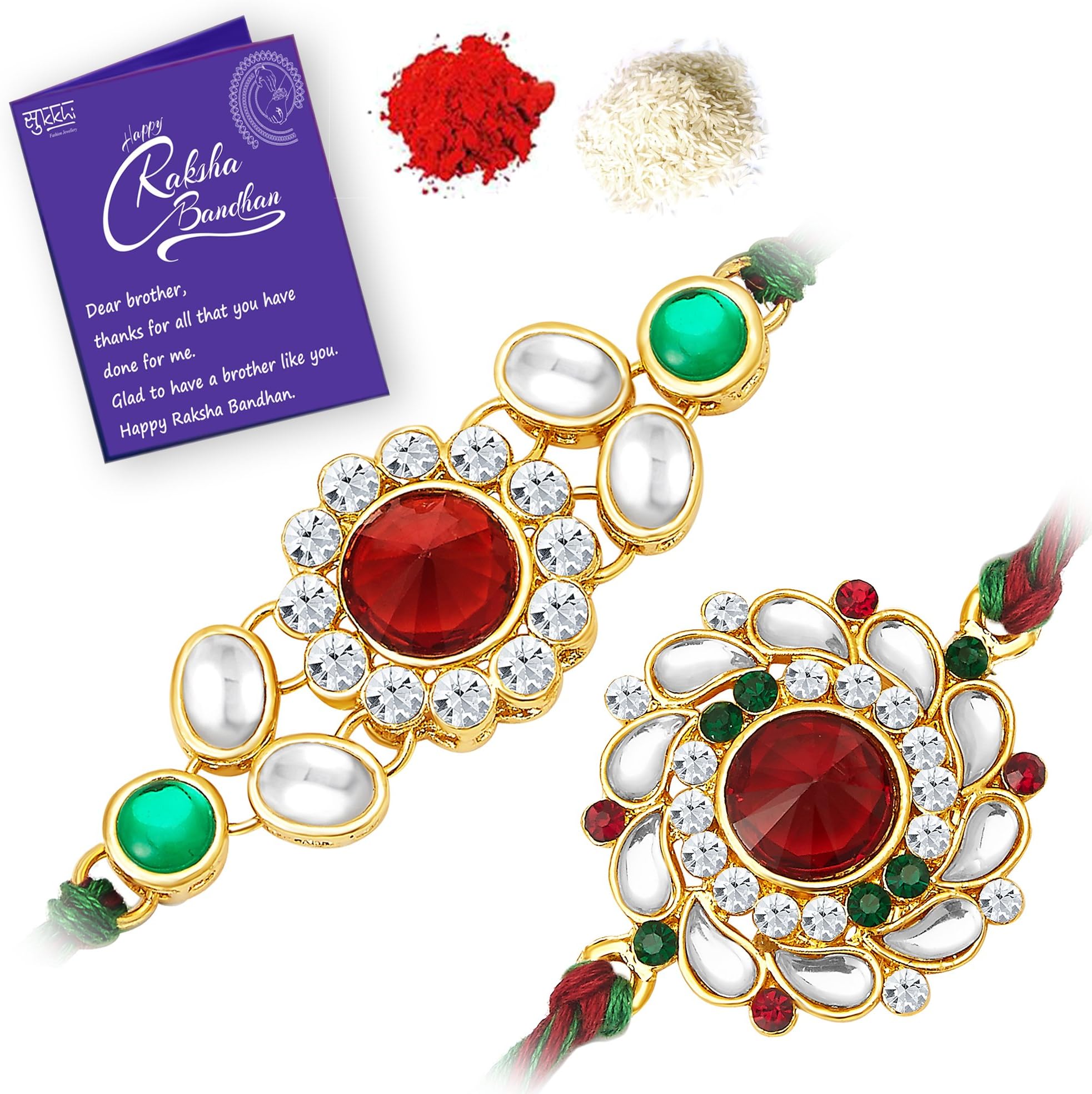 Stylish Kundan Rakhi Combo & Designer Gold Plated Premium Rakhi for Brother, Roli Chawal & Greeting Card | Rakhi for Bhaiya | Rakhi for MEN | Kundan Rakhi | Rakhi Combo-Set of 2 |CB73470)