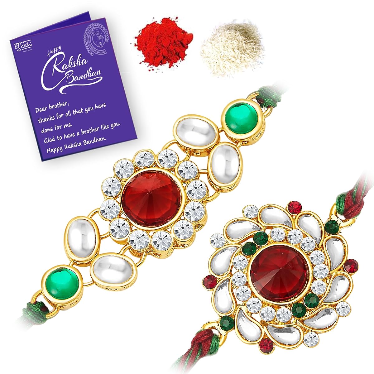 Sukkhi Rakhi for Brother Stylish Kundan Combo & Designer Gold Plated with Roli