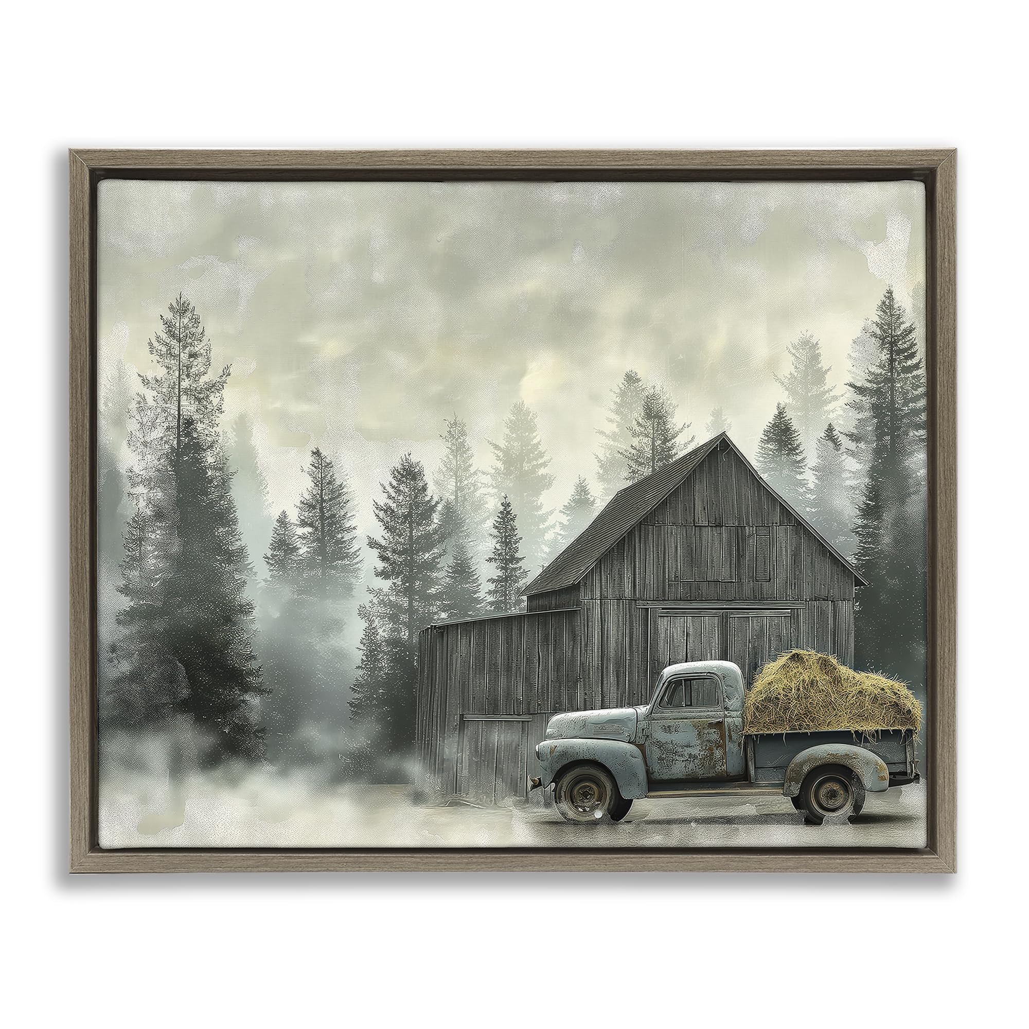 'Vintage Pickup at Misty Barn'| Floating Frame Canvas Art