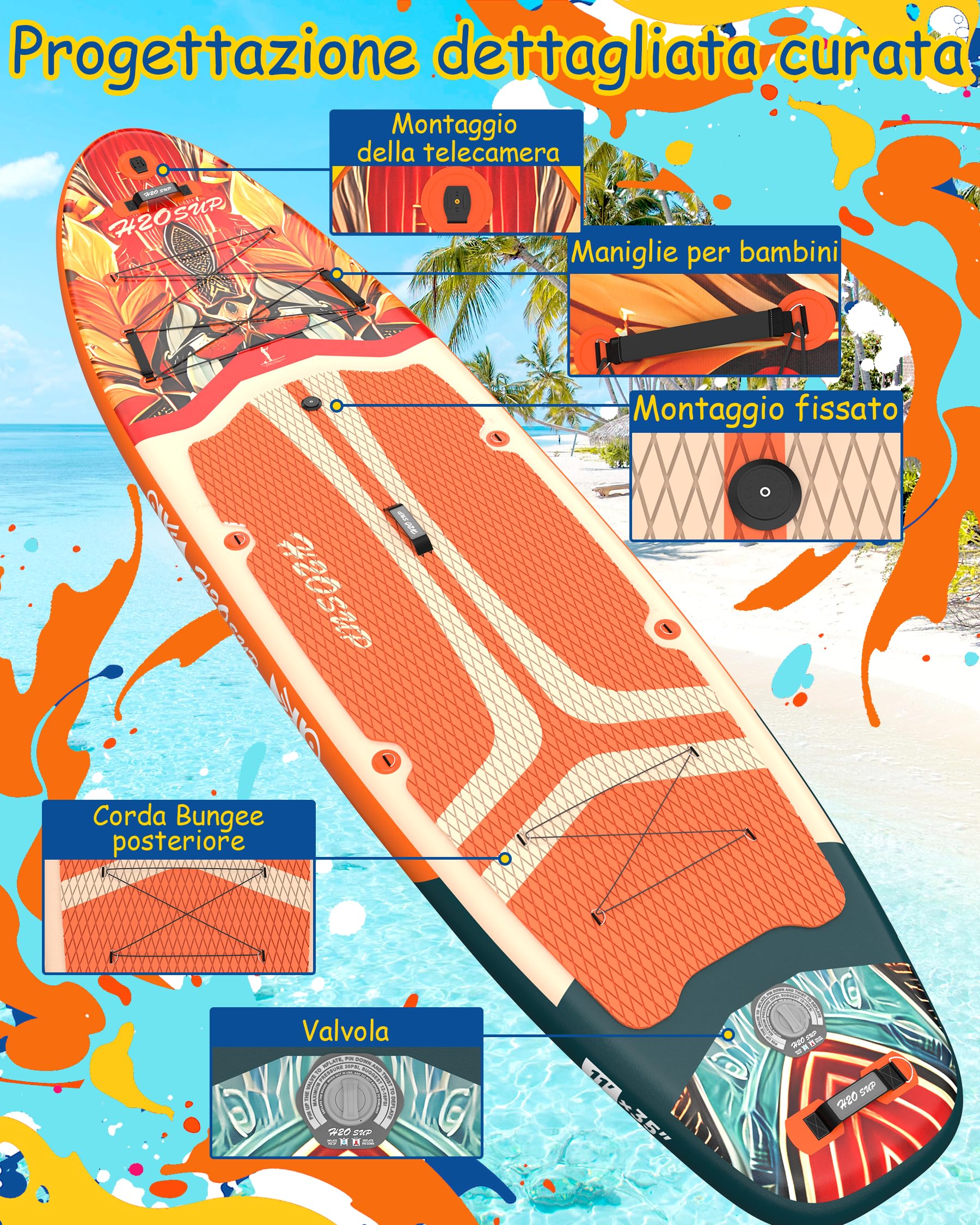 H2OSUP Tavola Sup Gonfiabile - 335 * 88cm Stand Up Paddle con Accessori Premium, Superstabilità Sup Gonfiabile, Paddle Boards Adulti con Capacità di 200KG per 3 Persone