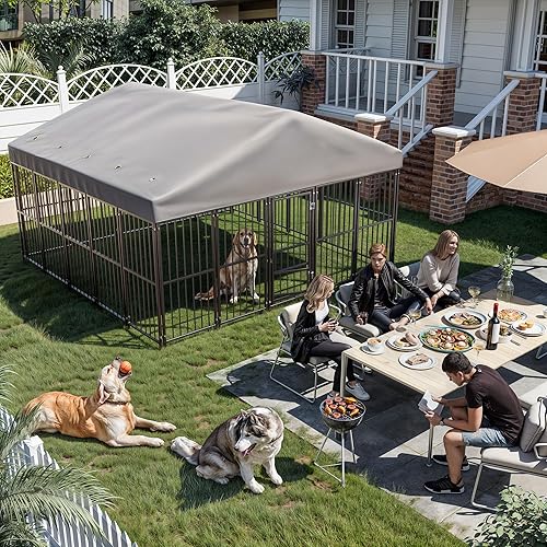 Miniatura 8 de Perrera grande para perros exterior de 10 x 10 pies, jaula resistente con puerta de alimentación, corrida de perro al aire libre con techo