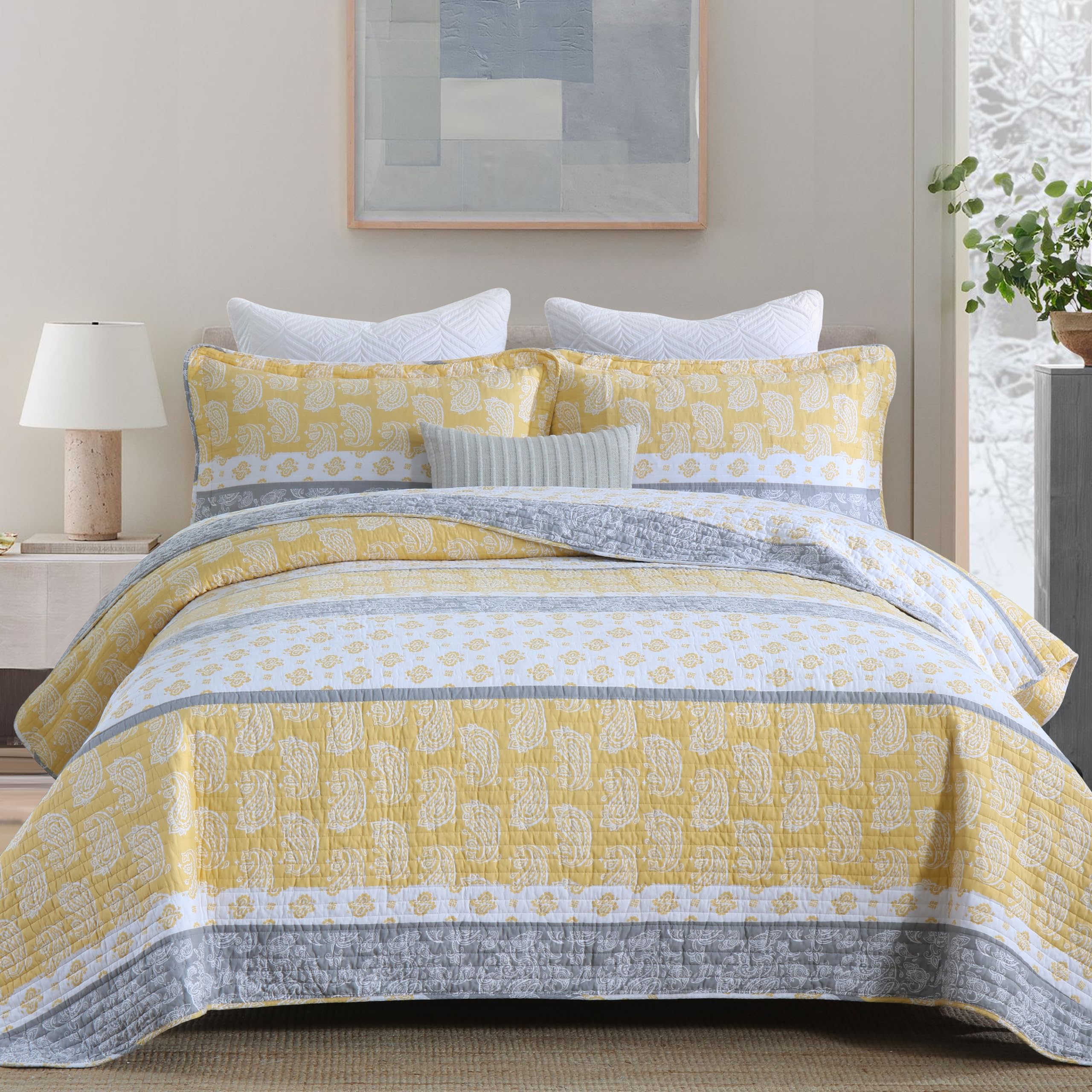 Quilt King Size - Cotton King Quilt Bedding Set,Quilt Size (106 x 98in),Yellow Grey White Striped Quilted Bedspread,Lightweight 3 Piece