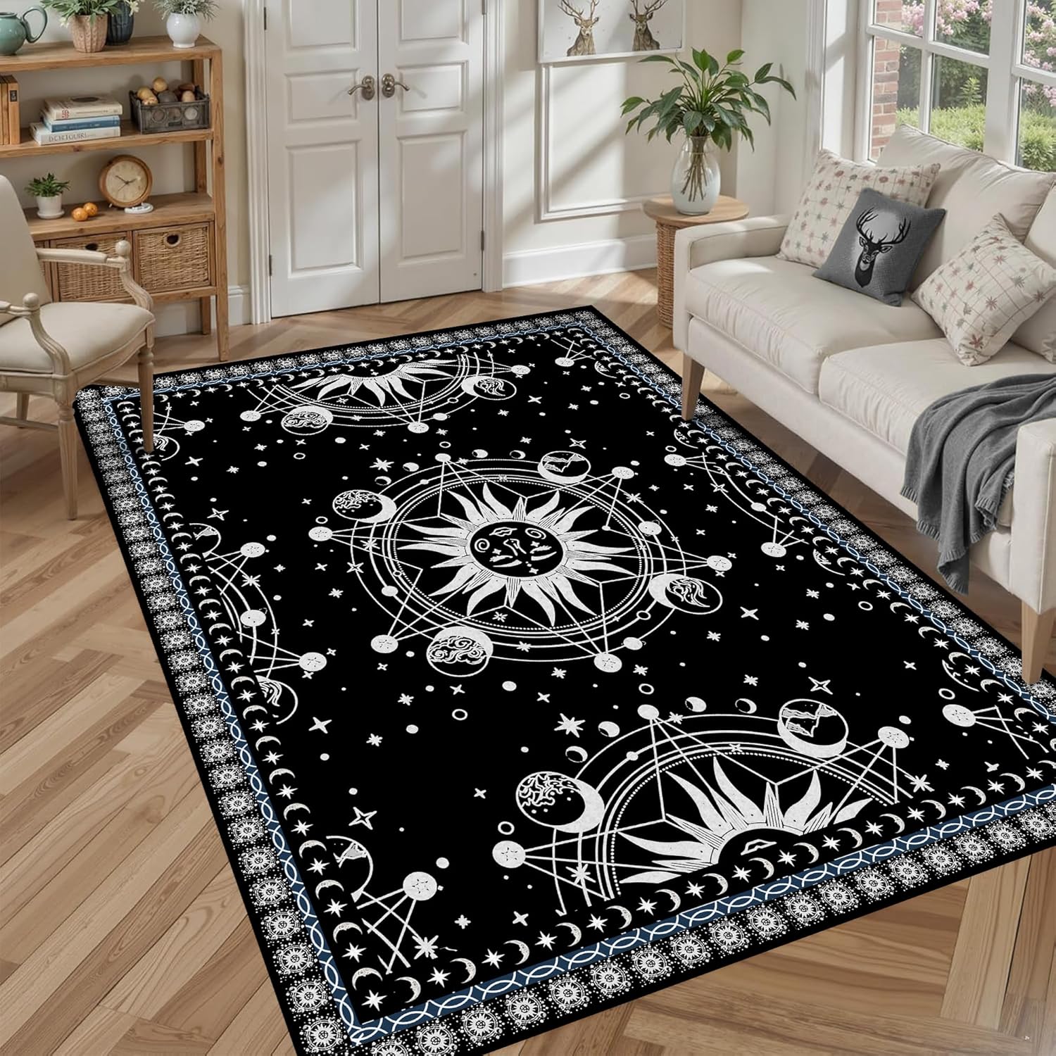 5' X 7' Sun and Moon Rug Boho Celestial Area Rugs for Bedroom Dorm Living Room Bohemian Occult Crescent Solar Stars Galaxy Floor Mat Pad Doormat Carpet,150 X 210cm,Black