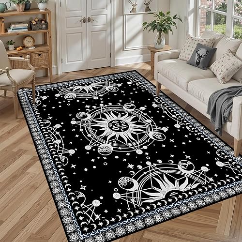 Alfombra bohemia de 5 x 7 pies, diseño de sol y luna, para dormitorio, sala de estar, alfombra bohemia oculta con estrellas solares y galaxia, 2.0 x