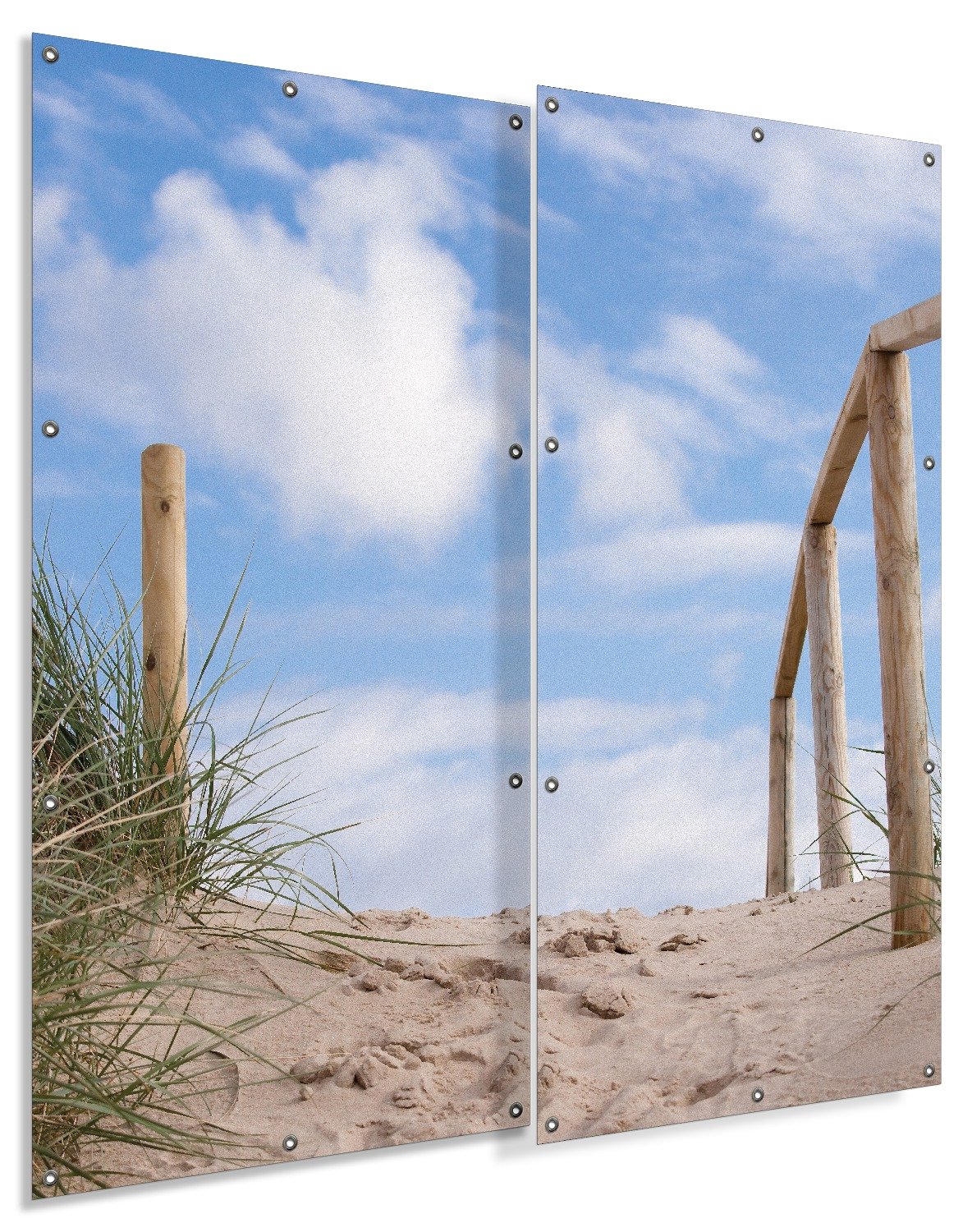 Wallario XXL Outdoor-Poster für Garten oder Balkon Auf der Holztreppe zum Strand, Motivbanner Größe: ca. 180 x 180cm, 2-teilig, Outdoor-Bild