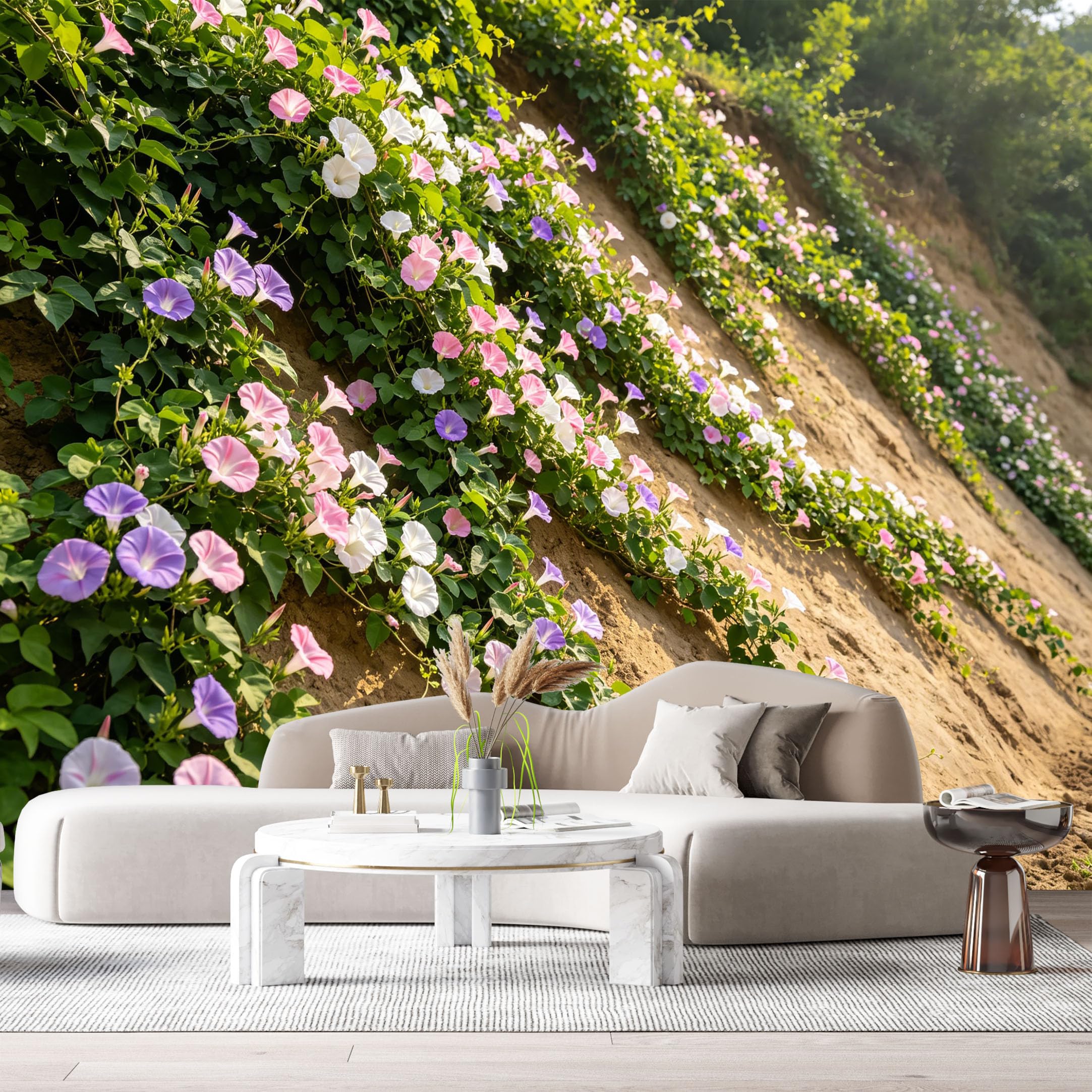 Custom Size Wall Murals Morning Glory Botanical Blooming Vine Flowers Sunlit Hillside SelfAdhesive Wall Fabric Removable Large Wallpaper for Photo Living Room