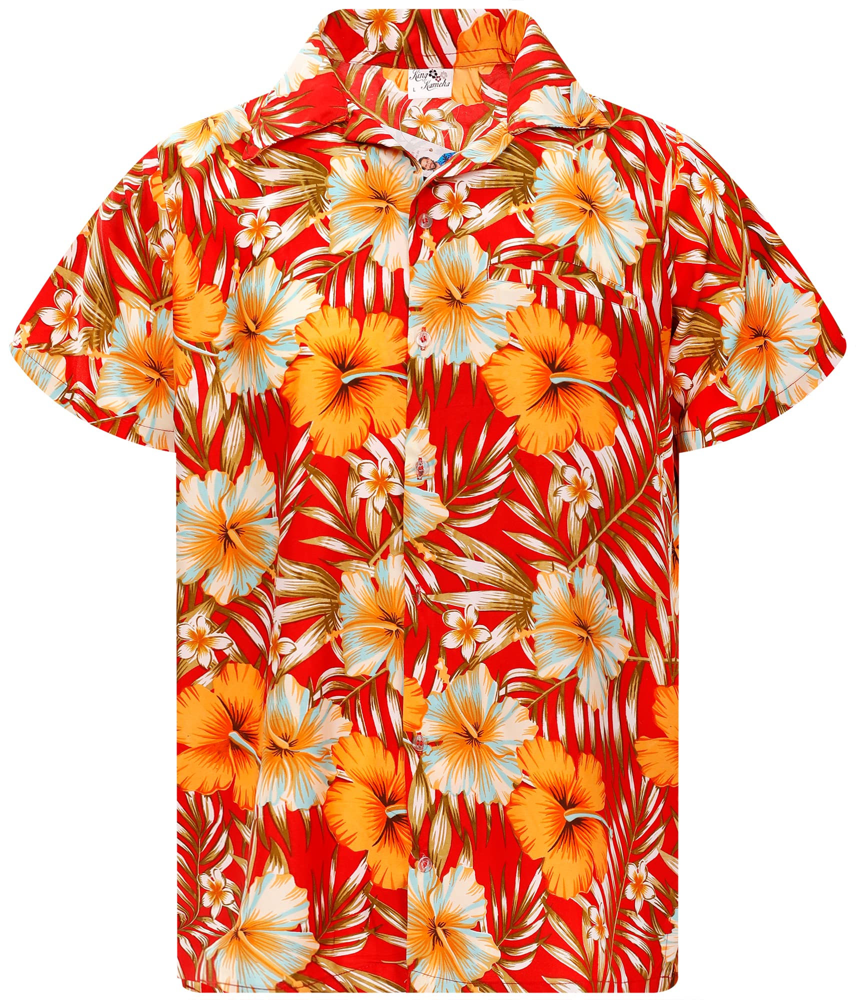 King Kameha Men's Tropical-Hibiscus-Design-Red-Yellow Funky Hawaiian-Shirt, Short-Sleeve, Tropical-Hibiscus, Red-Yellow, Xs