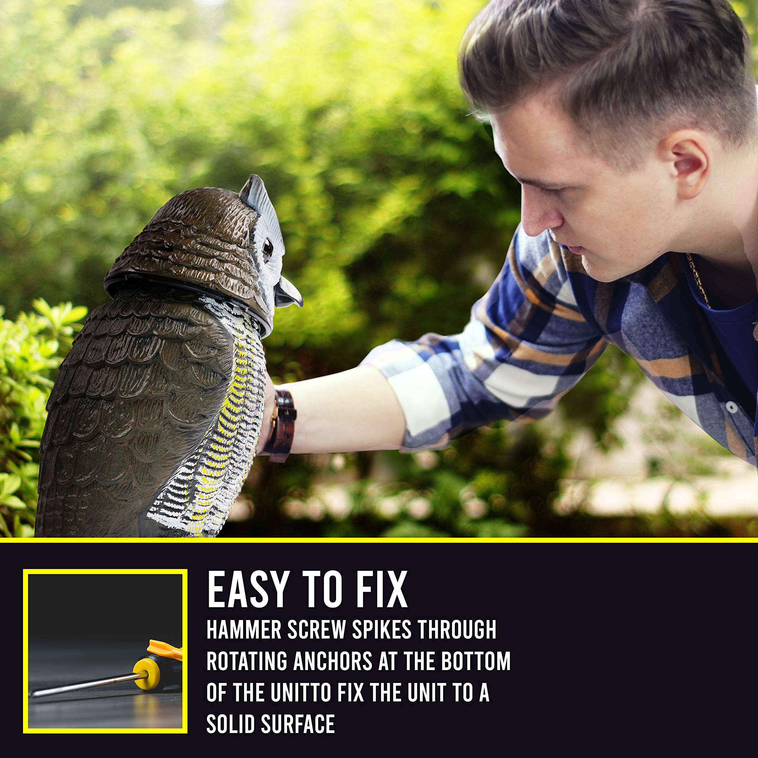 BuboBoss Fake Scarecrow Owl Decoy 16 Inch Solar Powered Motion