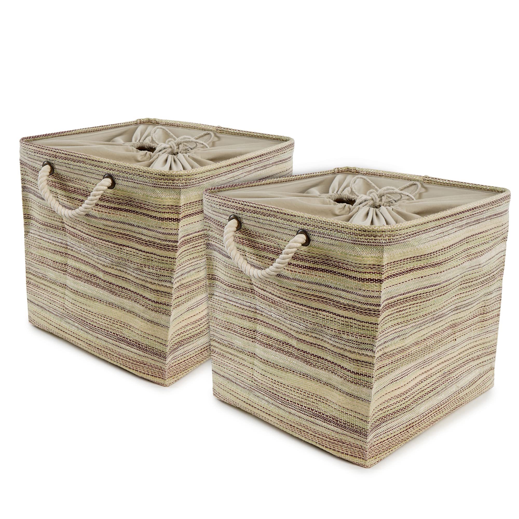 Laundry Bag Pack 2 with Lid Large 45 Litre | Woven Cotton Storage Basket for Toys Clothes with Rope Handles