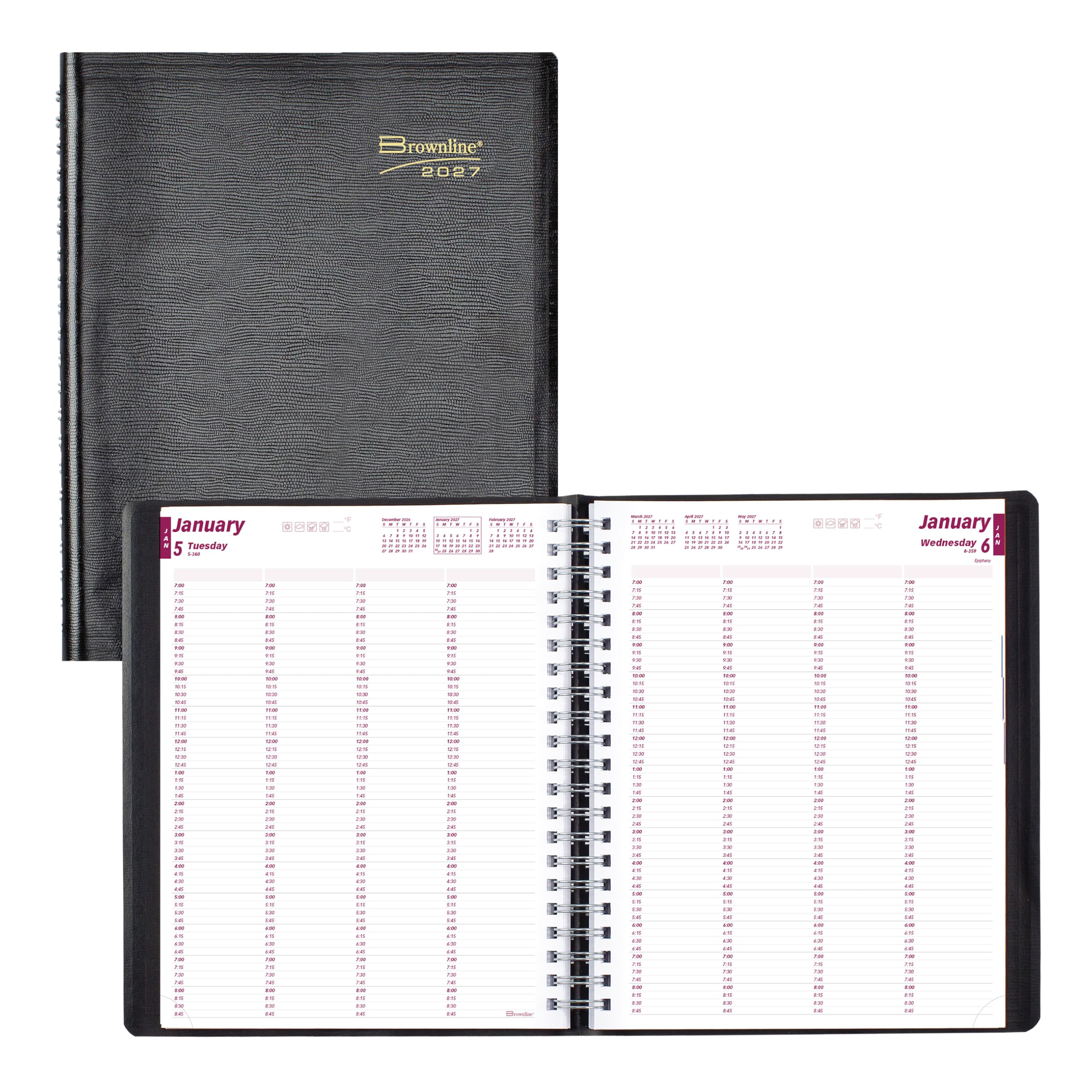 Brownline® Essential CB960.BLK - Agenda giornaliera professionale per quattro persone, 12 mesi, da gennaio a dicembre, rilegatura a doppio filo, 27,9 x 21,6 cm, colore: nero