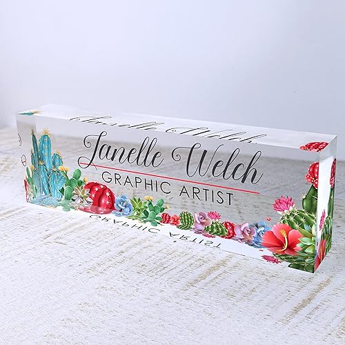 Miniatura 5 de Artblox Placa de nombre personalizada para escritorio de oficina, placas de nombre personalizadas para escritorios, diseño de cactus sobre vidrio