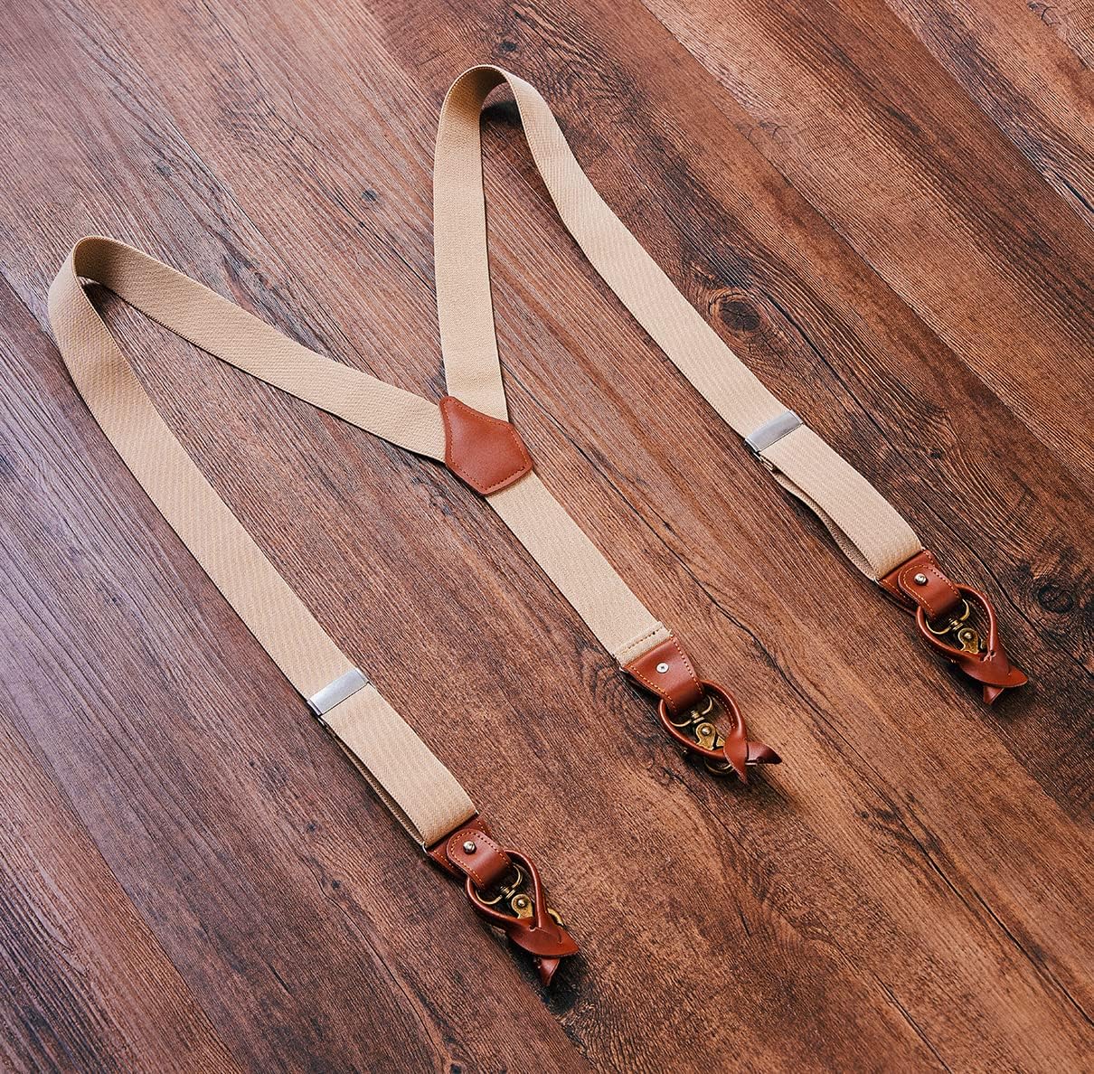 UPSONG Mens Suspenders,Brown Leather Button Tab and Clip Braces Heavy Duty Suspender Wedding Suspenders for Groom Groomsmen - Image 4