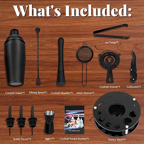 Miniatura 3 de Kit de camarero, juego de coctelera de 13 piezas con soporte giratorio acrílico para el hogar, bar (negro escarchado)