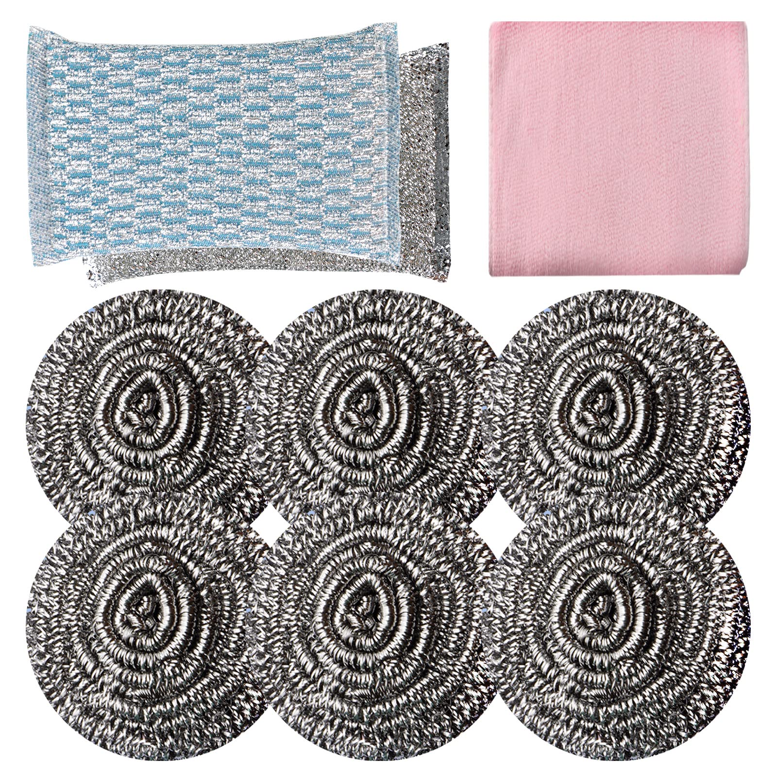 6pcs Stainless Steel Scrubber 2pcs Heavy Duty Scrub Sponges 1pcs Dish Clean Towel for Kitchens Bathroom and More