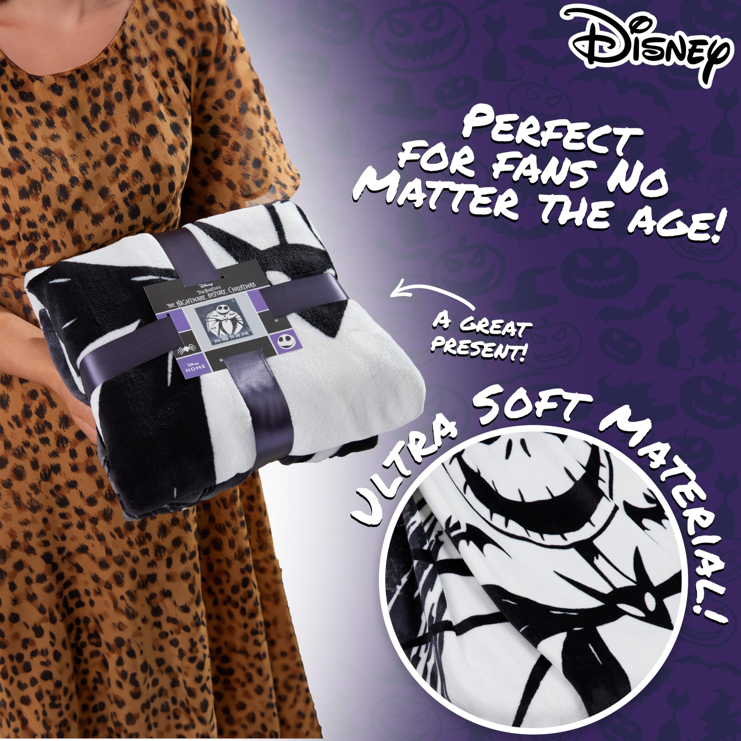 Disney Koszmar przed Bożym Narodzeniem, koc polarowy, 150 x 130 cm, miękka narzuta na łóżko, sofę, kanapę, flanelowa, dekoracja pokoju, przytulne, ciepłe, świąteczne prezenty dla dzieci (czarny/biały)