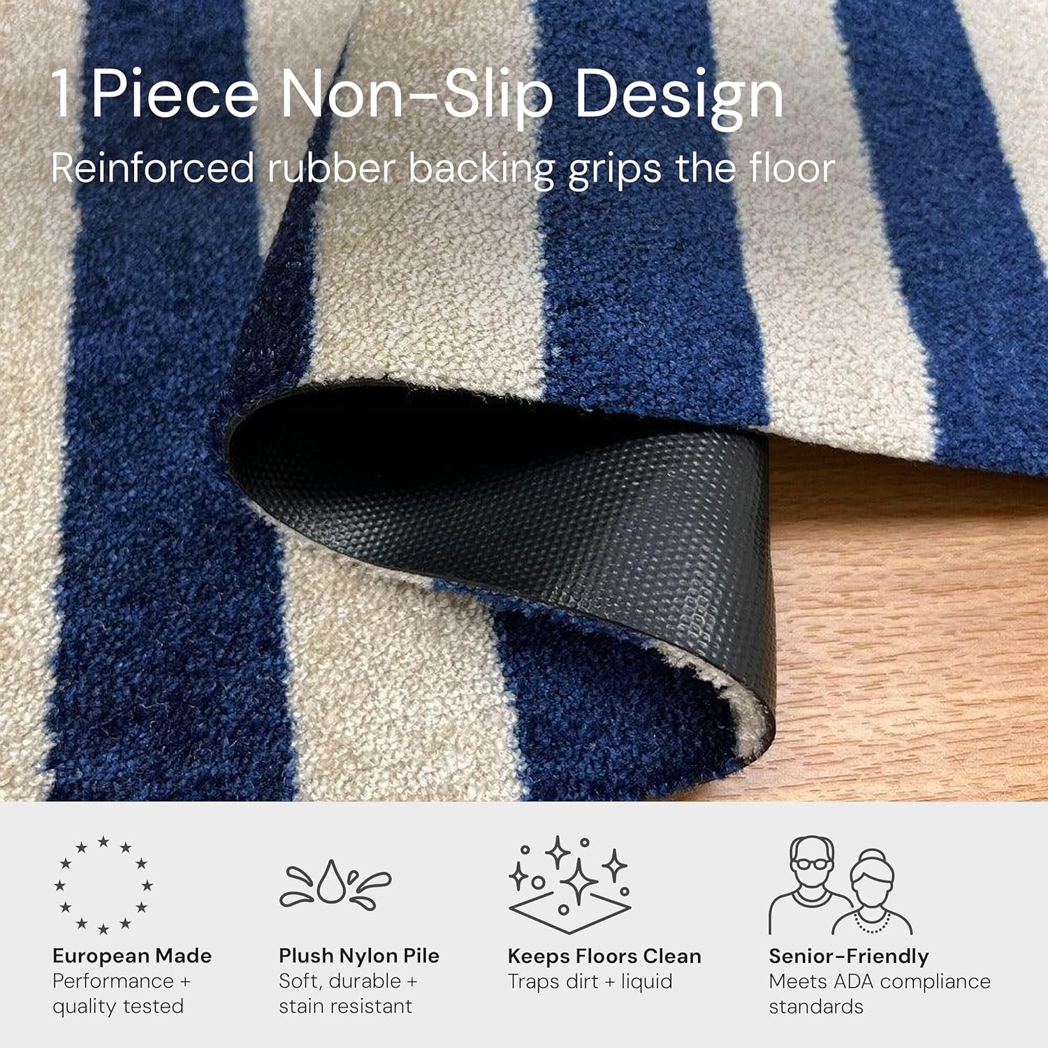 Wash + Dry Cabana Stripe Washable Indoor Rug with Rubber Backing, Large Non-Slip Door Mat for Entryway, Kitchen, Bathroom, One-Piece Washable Entryway Rug, Striped Navy and Cream, 27.5” x 47”