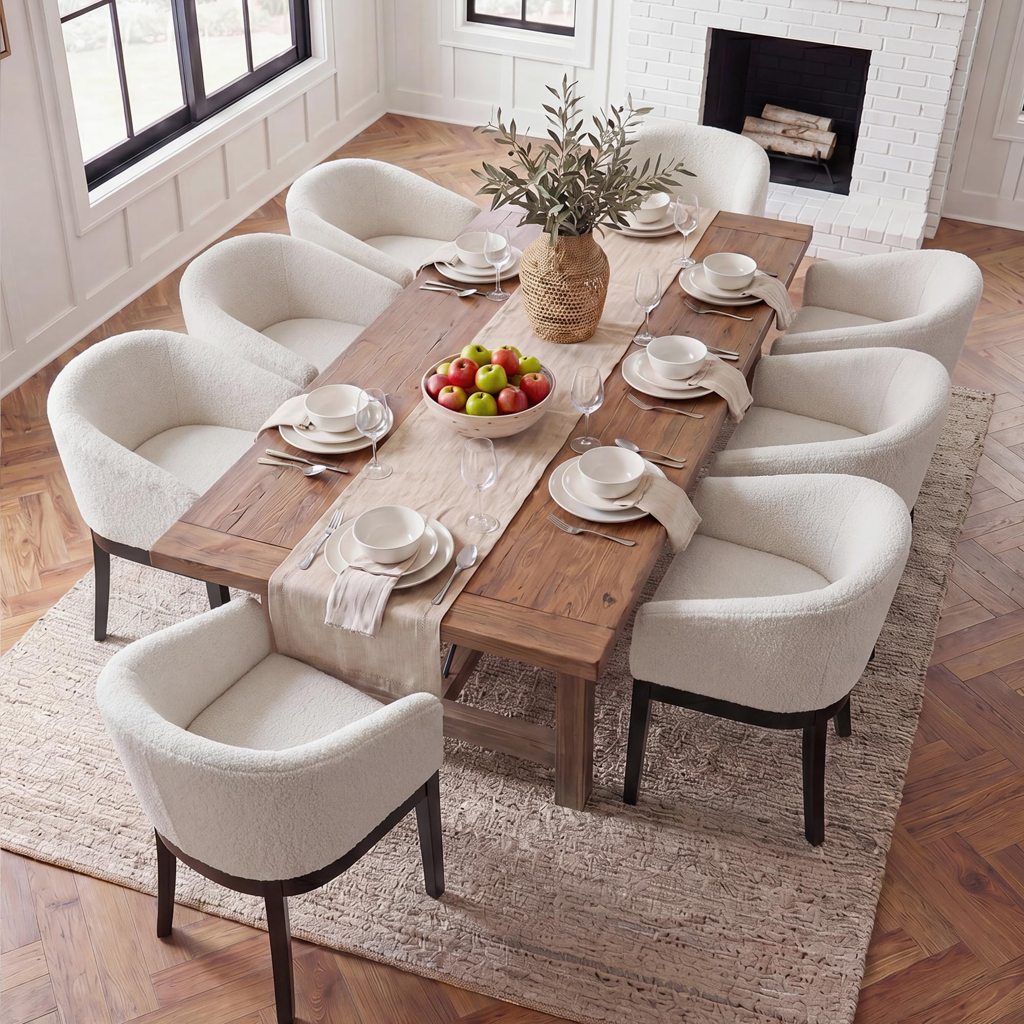 HNY Barrel Dining Chairs Set of 8, Mid Century Modern Upholstered Dining Chairs with Arms, Sherpa Boucle Kitchen &amp; Dining Room Chairs, Solid Wood Frame Accent Chairs for Kitchen, Apartment, White