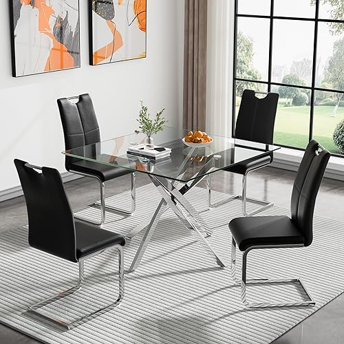 Miniatura 19 de Juego de 4 mesas de comedor modernas de 5 piezas, mesas de comedor redondas de vidrio templado de 36 pulgadas y 4 sillas de comedor negras de cuero,