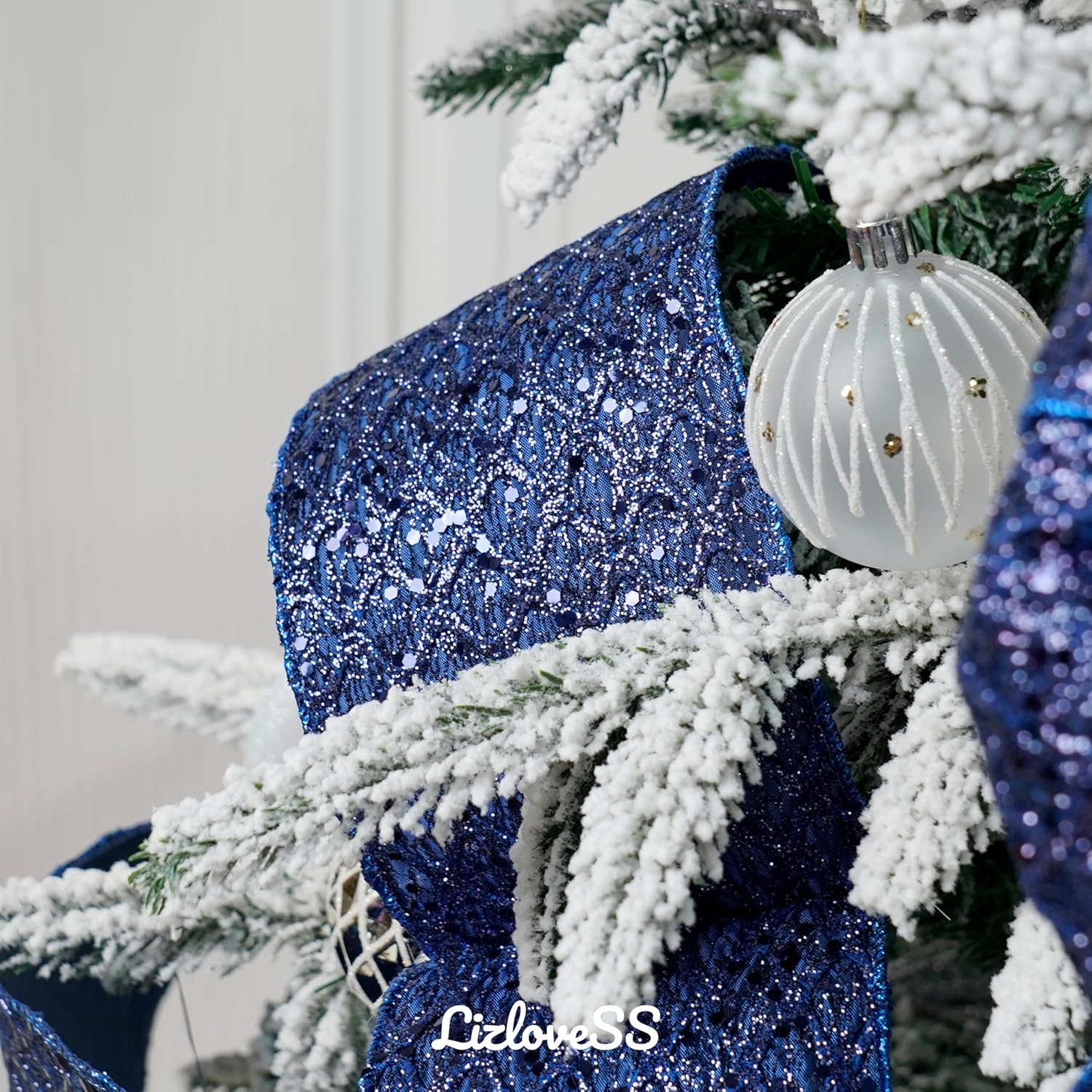Navy Blue Christmas Ribbon 4" Glitter Mesh Wired Ribbon for Christmas Tree Blue Diamond Honeycomb Ribbon for Gift Wrapping, Crafts, Wreath Supplies, Garland, Tree Topper Bows - 10 Yards