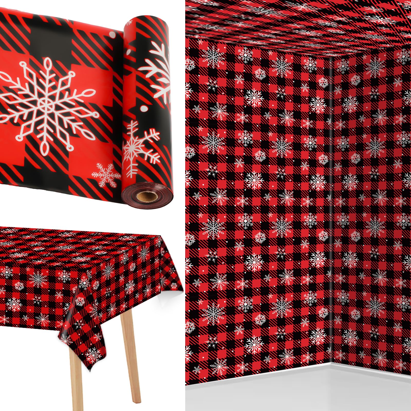 Long Tablecloth Roll Christmas Party Tablecloth Roll Christmas Buffalo Plaid Sign Party Table Cloths White Snowflake Party Tablecloth for Indoor Outdoor Family Parties and Celebrations (Plastic)