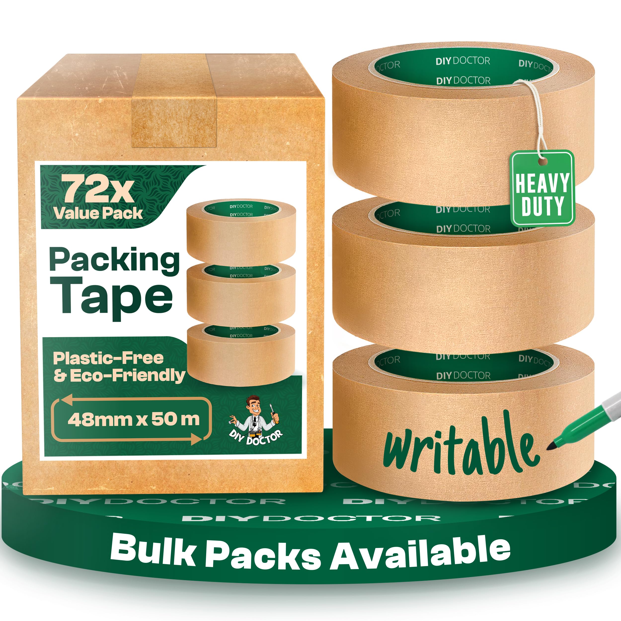 DIY Doctor 12 Rolls Brown Paper Packing Tape – Eco-Friendly Kraft Packaging Tape (48mm x 50m) – Strong Paper Parcel Tape for Shipping, Boxes & DIY Projects