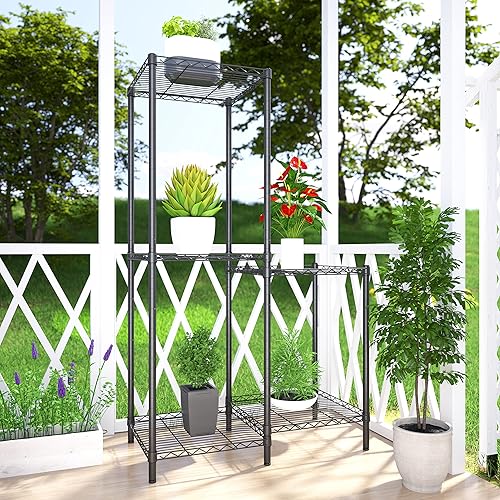 Miniatura 4 de Xiofio Soporte para plantas de 5 niveles para interiores y exteriores, estante reforzado para plantas múltiples plantas, soporte ajustable para