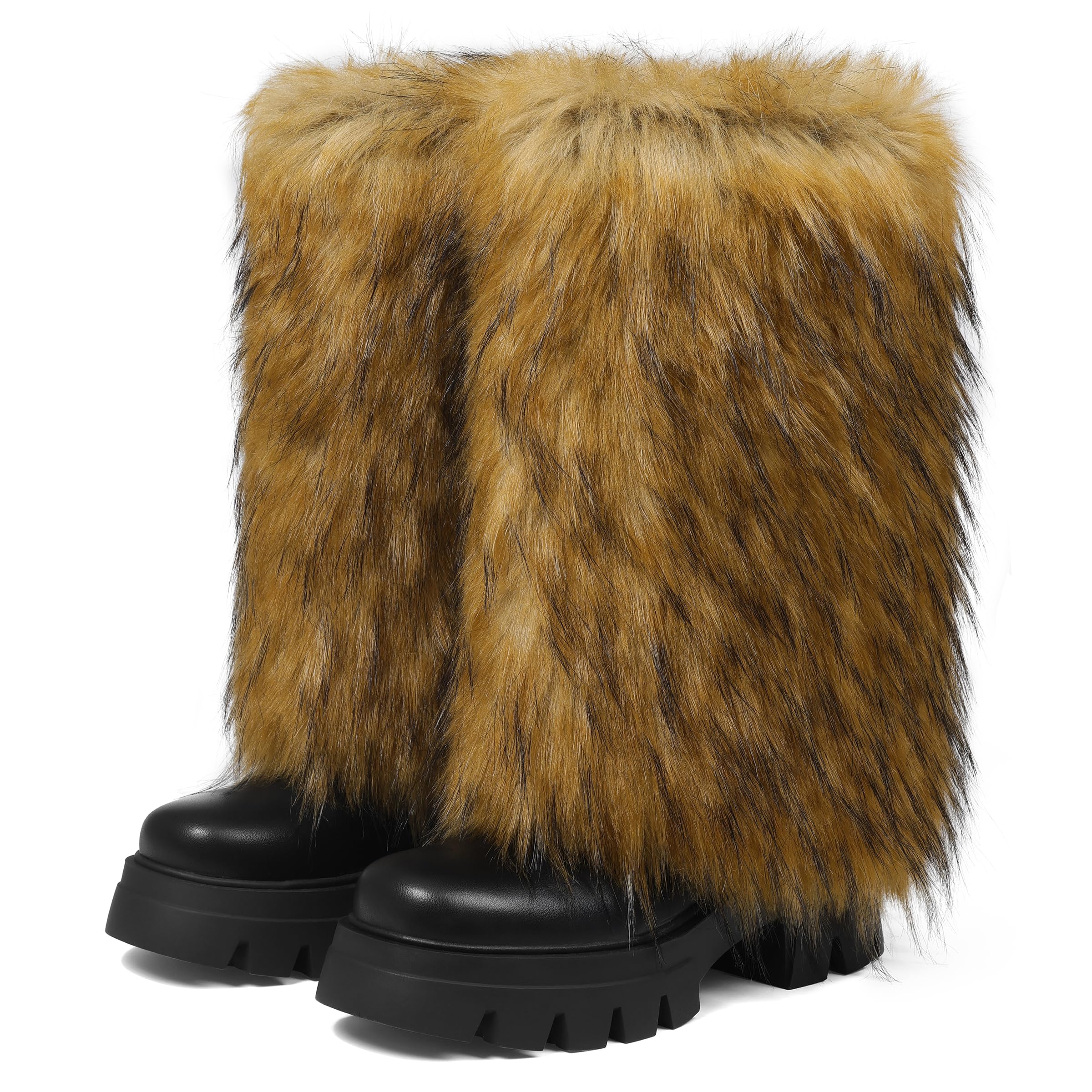 Faux Fur Boots for Women Furry Platform Fold Over Boots Snow Boots Round Toe Flat Sole Winter Boot