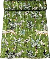 Vista 1 de Marubhumi Edredón tradicional indio de algodón puro con estampado de selva Kantha, colcha Kantha con estampado de animales, multicolor