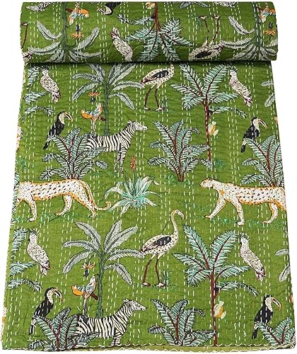 Marubhumi Edredón tradicional indio de algodón puro con estampado de selva Kantha, colcha Kantha con estampado de animales, multicolor (Mehandi,