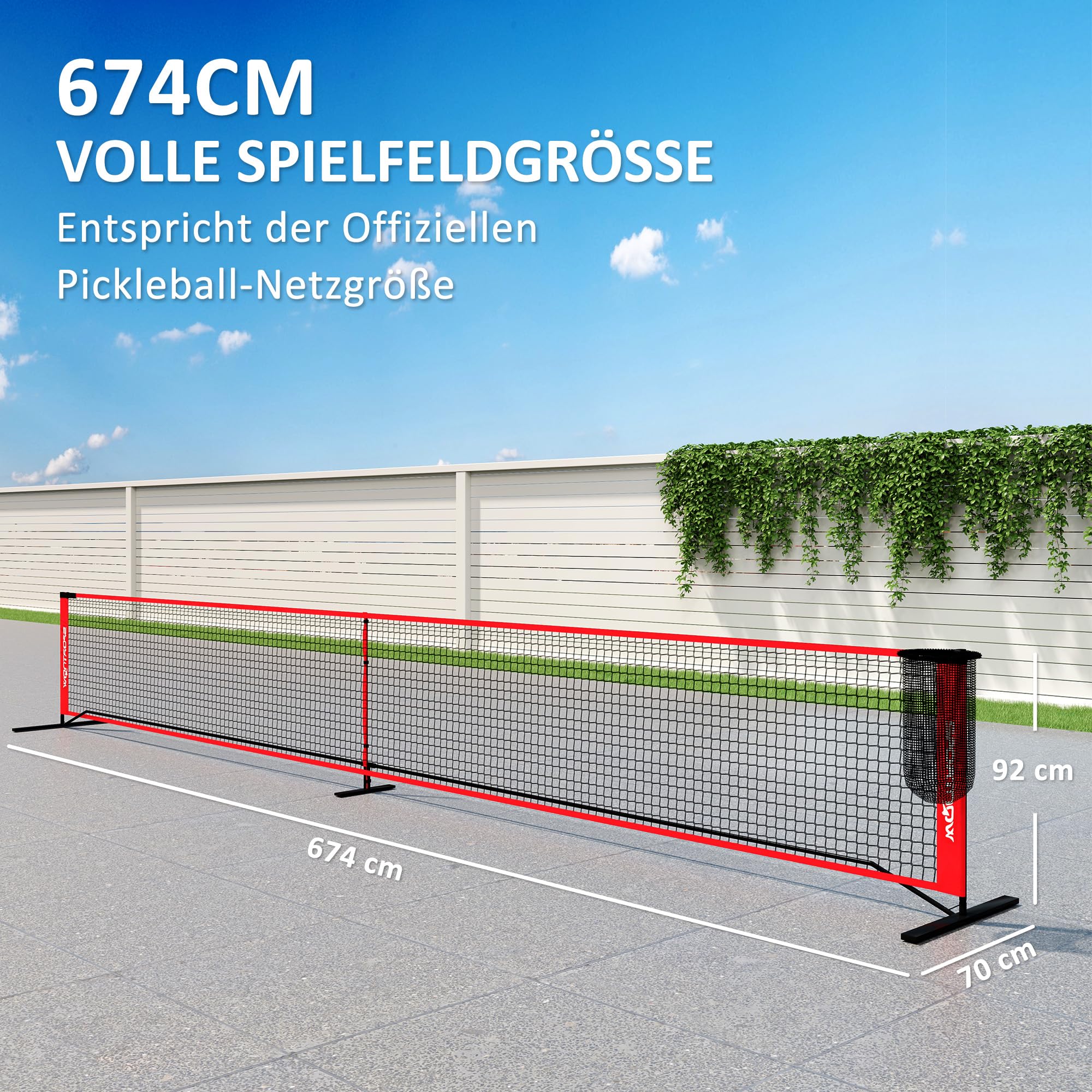 SPORTNOW Przenośna siatka do pickleball, 6,7 m, system pickleball z siatką, zestaw do oznaczania pola do gry, zbieracz piłek, cztery piłki i torba do noszenia na świeżym powietrzu, wjazd