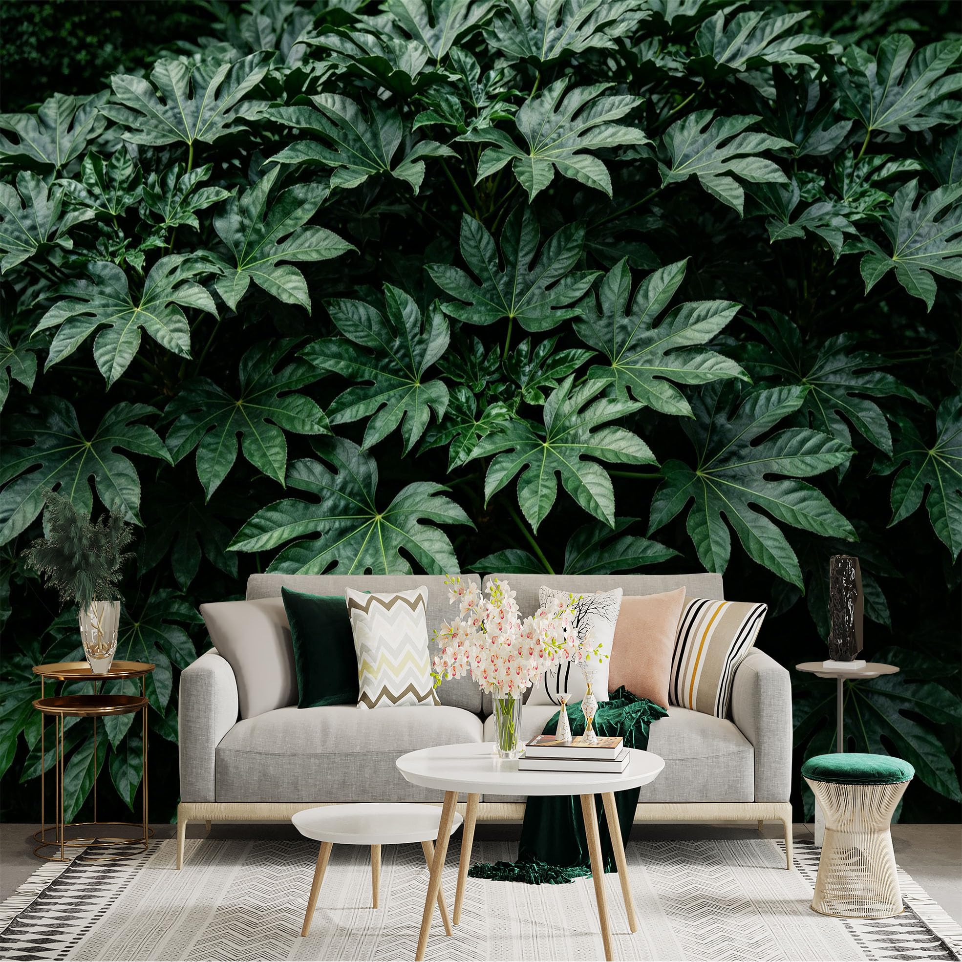 Lnzczhyre Dbh260521004 Custom Size Wall Sticker Mural， Dark Green Tropical Fatsia Leaves， Lush Botanical Pattern， Natural Foliage， Jungle Plant Aesthetic， For Wall Decoration， Peelandstick Wall Decals.
