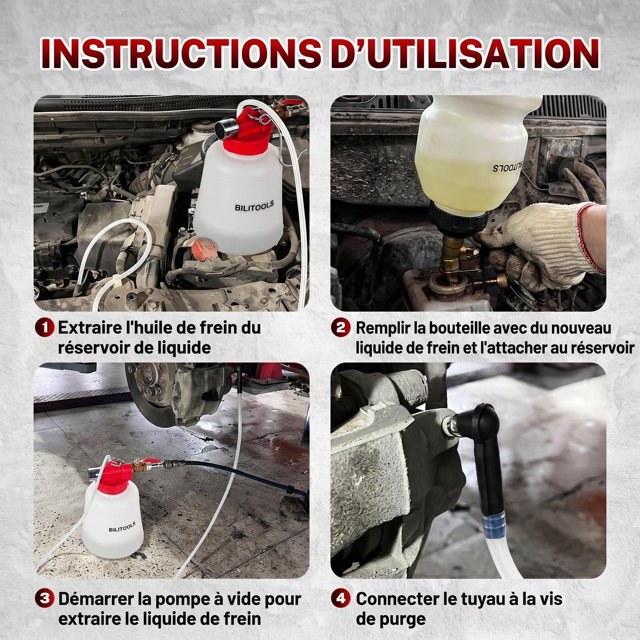 BILITOOLS 1L Purgeur de Frein Voiture et Moto Universel, Pneumatique Pompe à Vide Kit Purge Liquide de Frein par Aspiration avec 4 Adaptateurs, Purgeur ABS pour Frein et Embrayage | Kit d'extraction de liquide d'embrayage pour système de frein pneumatique