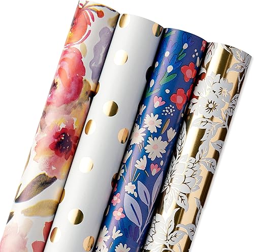 Miniatura 6 de American Greetings Juego de papel de regalo reversible de flores de 120 pies cuadrados para cumpleaños, bodas, despedidas de soltera, flores, rayas